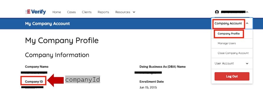 E-Verify company profile with the Company ID field highlighted
