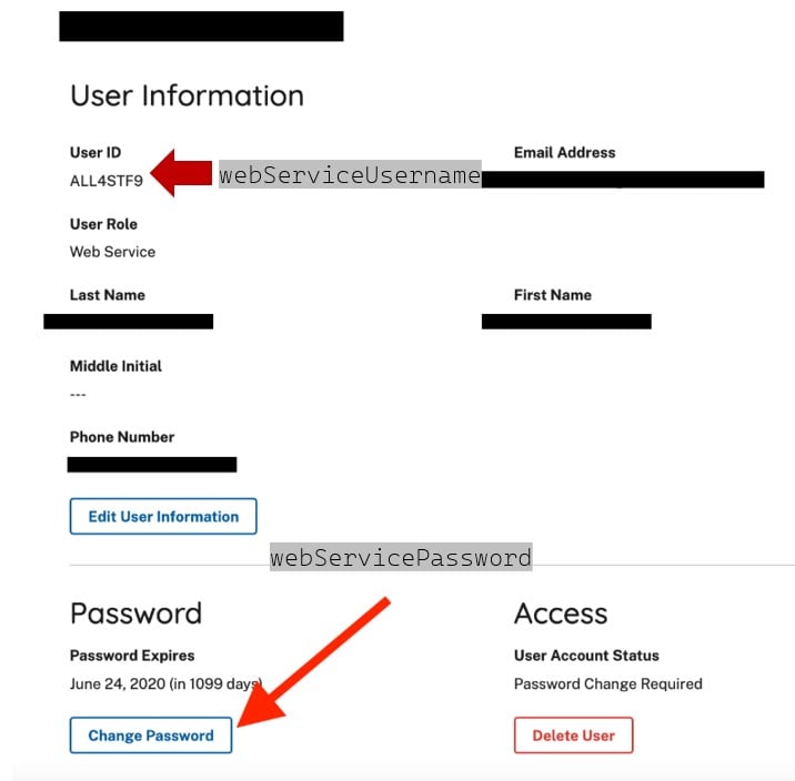 Webservice user information showing the user ID and password fields