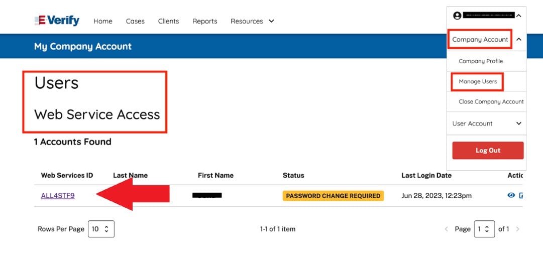 Navigating to the webservice user in the E-Verify portal