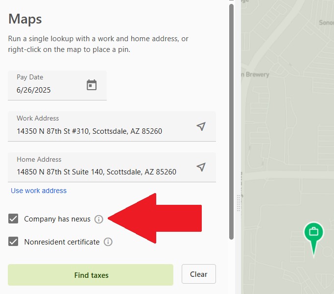 Payroll Point Maps showing the home and work address fields with the Company has nexus prompt