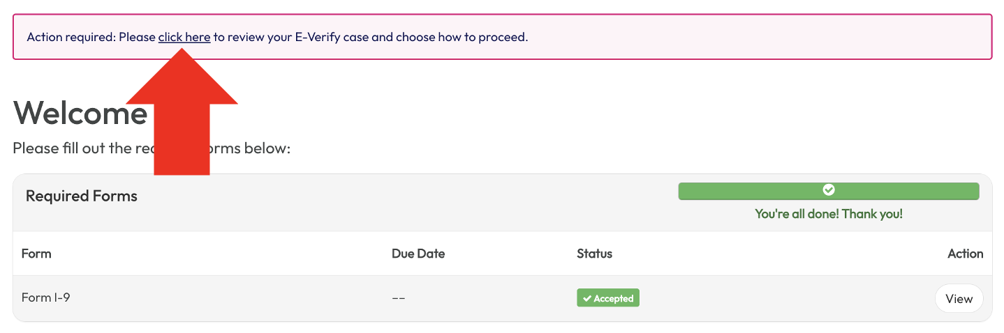 Action-required banner prompting the employee to review their E-Verify case