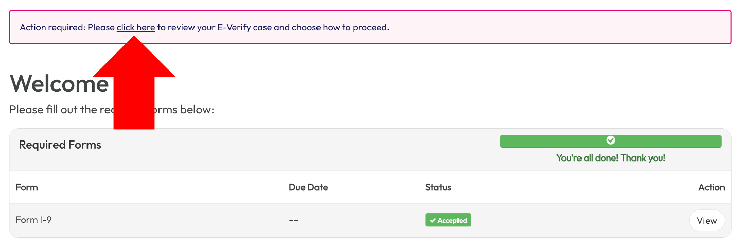 Action-required banner prompting the employee to review their E-Verify case