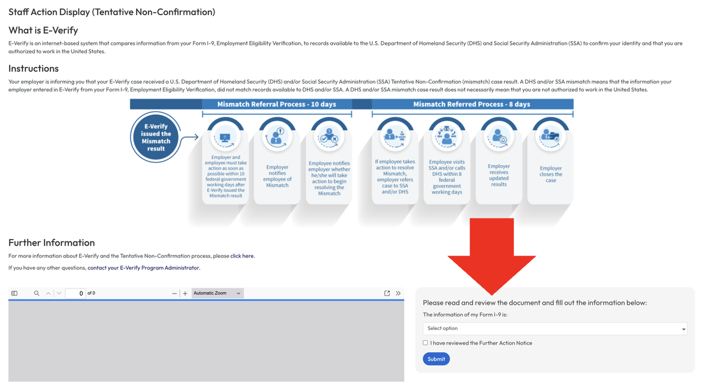 Further Action Notice acknowledgement screen with the employee's election options