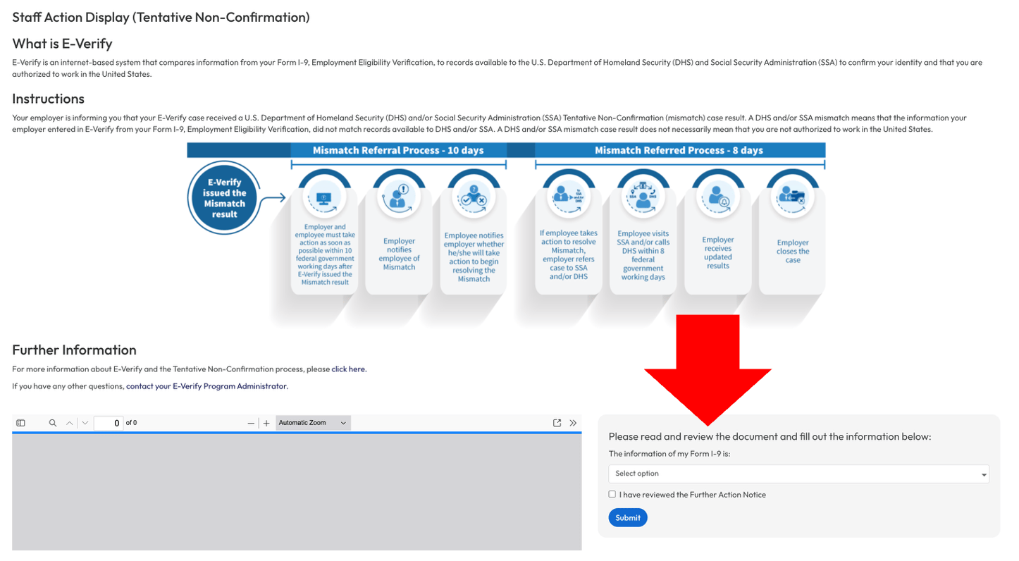 Further Action Notice acknowledgement screen with the employee's election options
