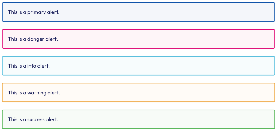 The primary, danger, info, warning, and success alert variants