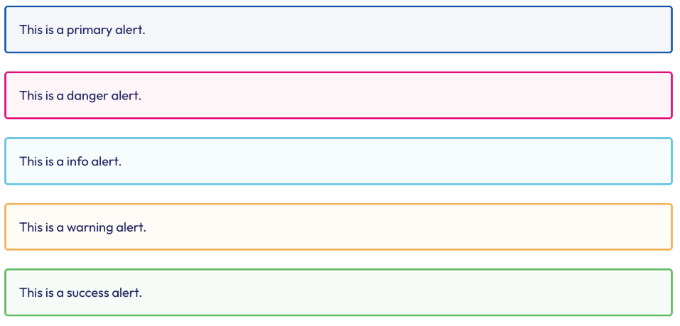 The primary, danger, info, warning, and success alert variants