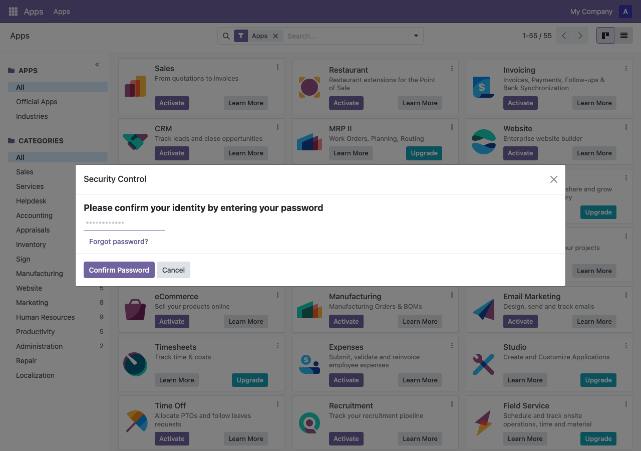 Security Control password confirmation dialog