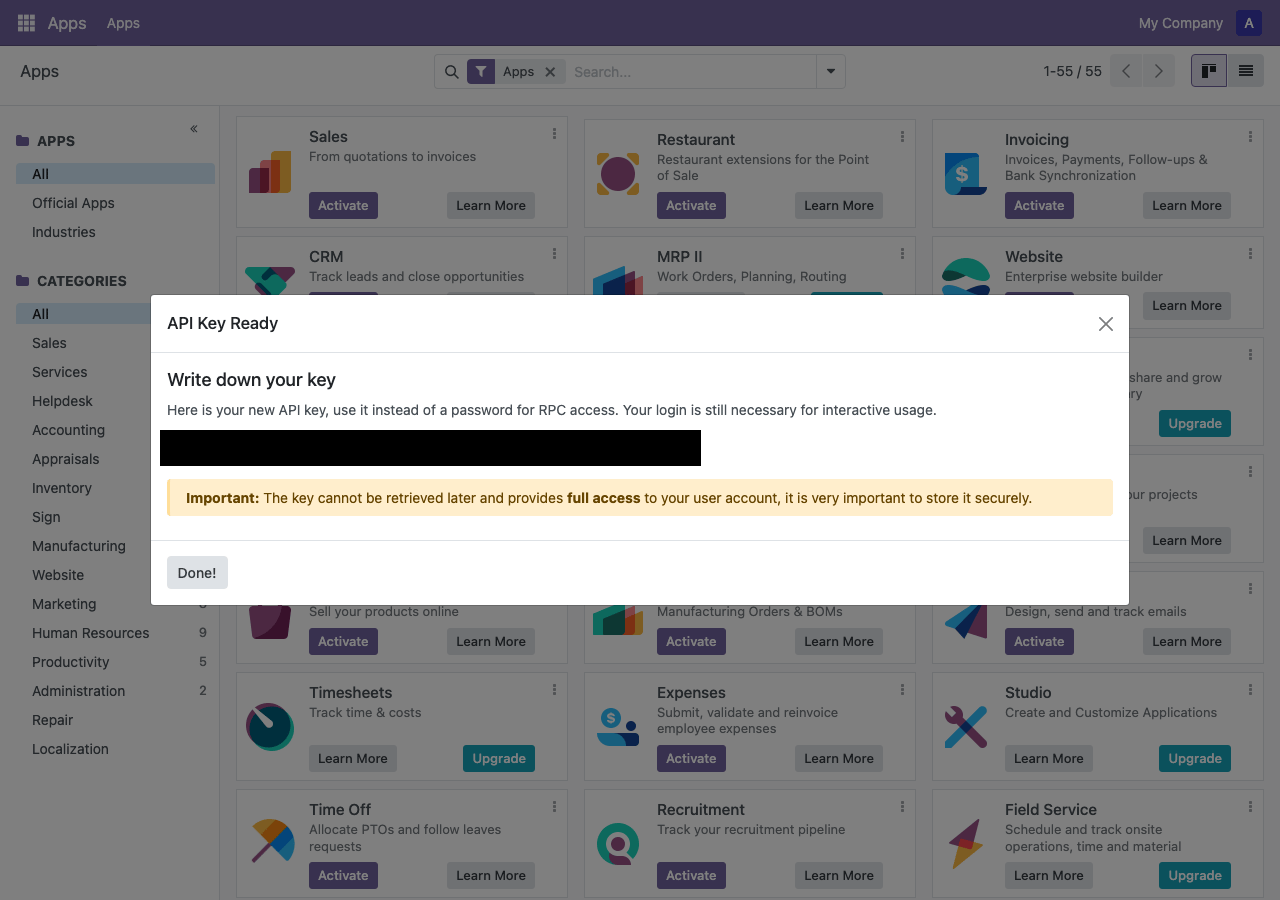 Generated API key shown once, with warning that it cannot be retrieved again