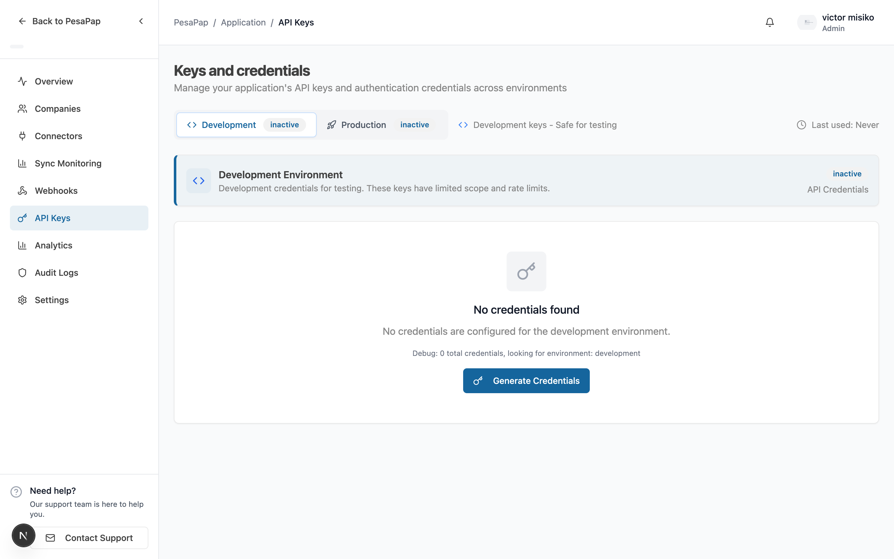 API Keys — copy your x-api-key (Development / Production)