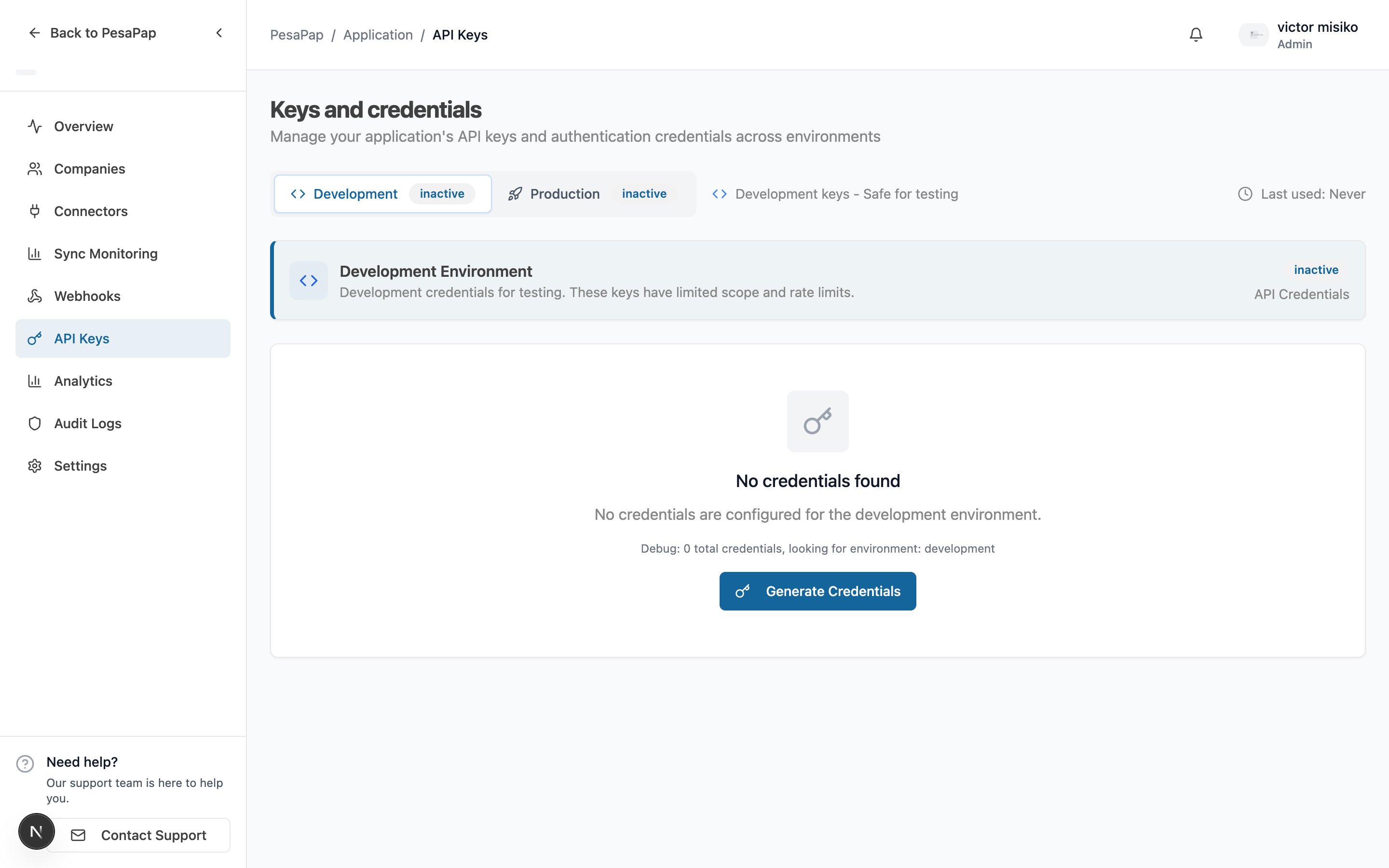 API Keys — copy your x-api-key (Development / Production)