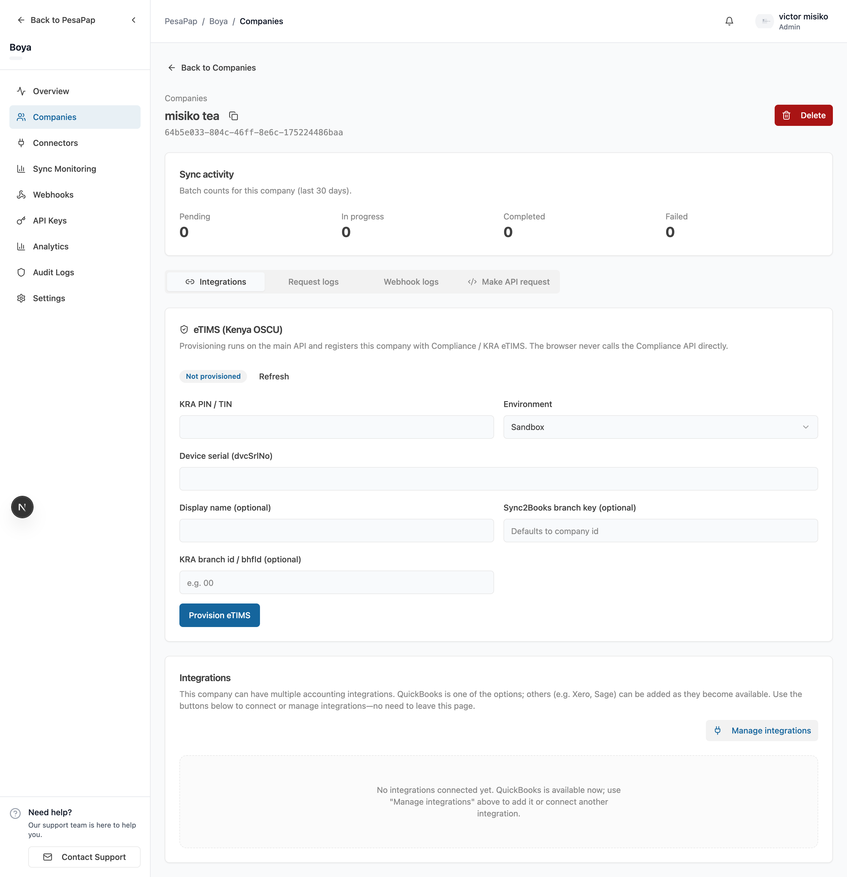 Company → eTIMS provisioning card (enter KRA PIN, provision)