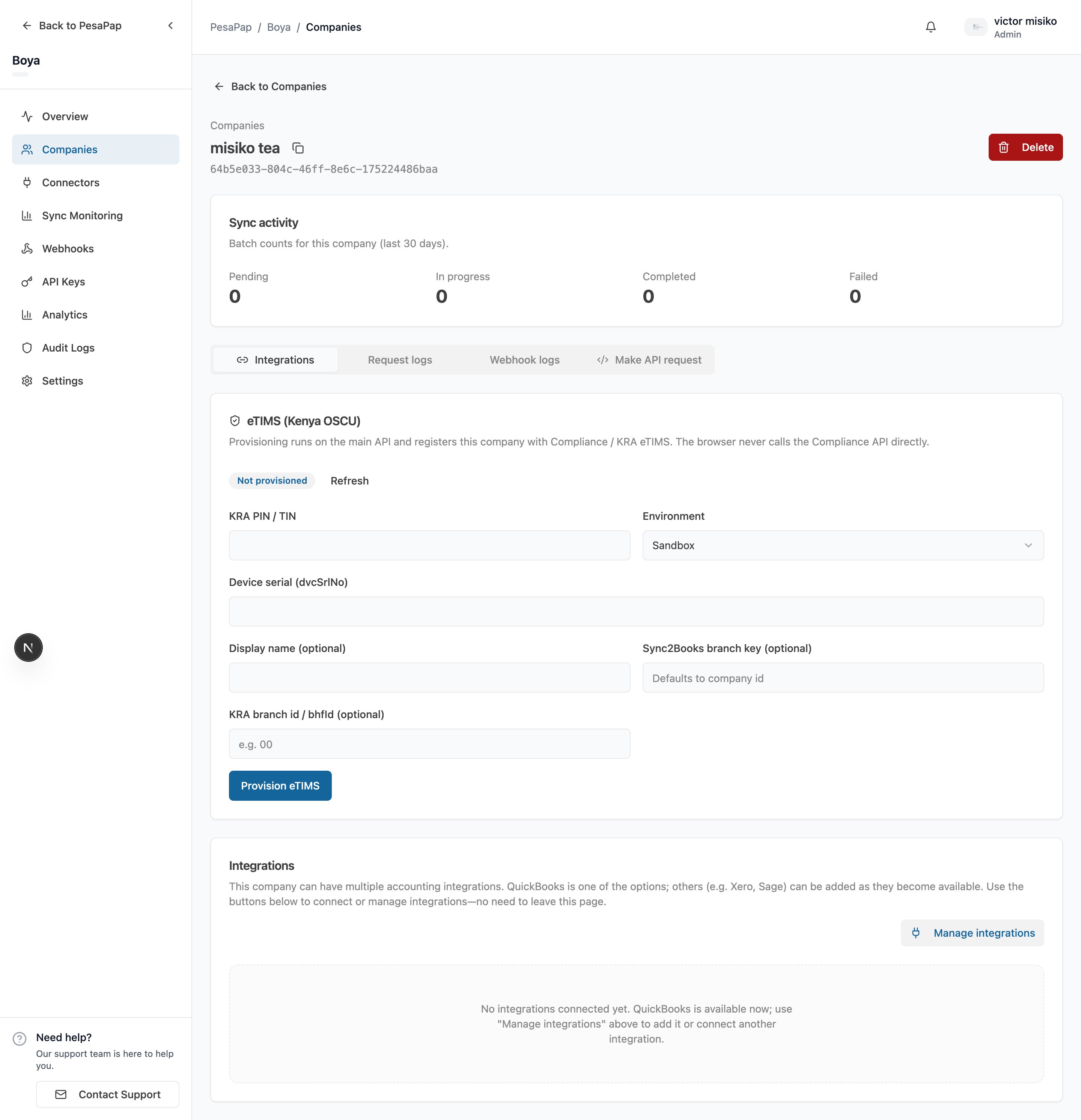 Company → eTIMS provisioning card (enter KRA PIN, provision)