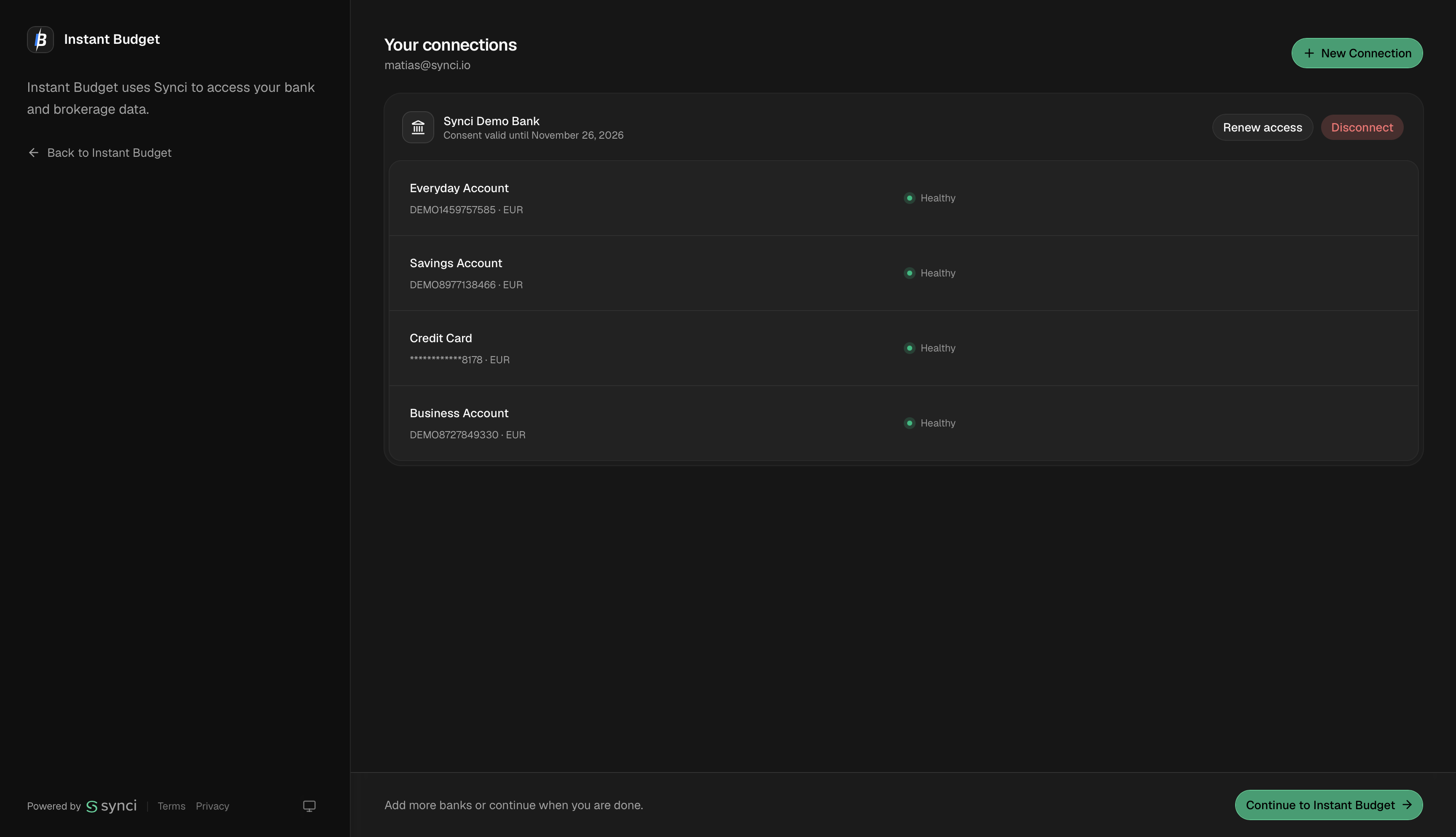 The Synci connection portal showing the app's name, a bank picker, and the user's connected accounts.