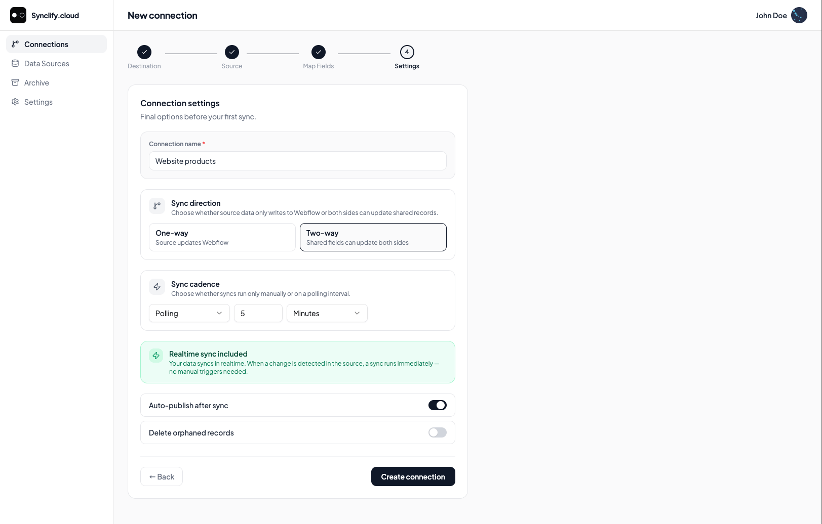 Wizard step 4: connection settings with sync direction, polling cadence, auto-publish on, and delete orphaned records off