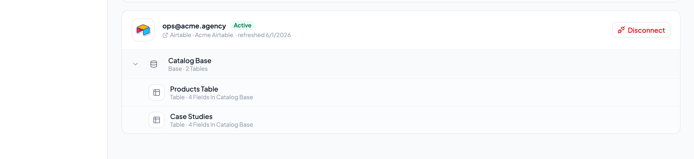 Data Sources page showing an Airtable account expanded into Catalog Base with its Products Table and Case Studies tables