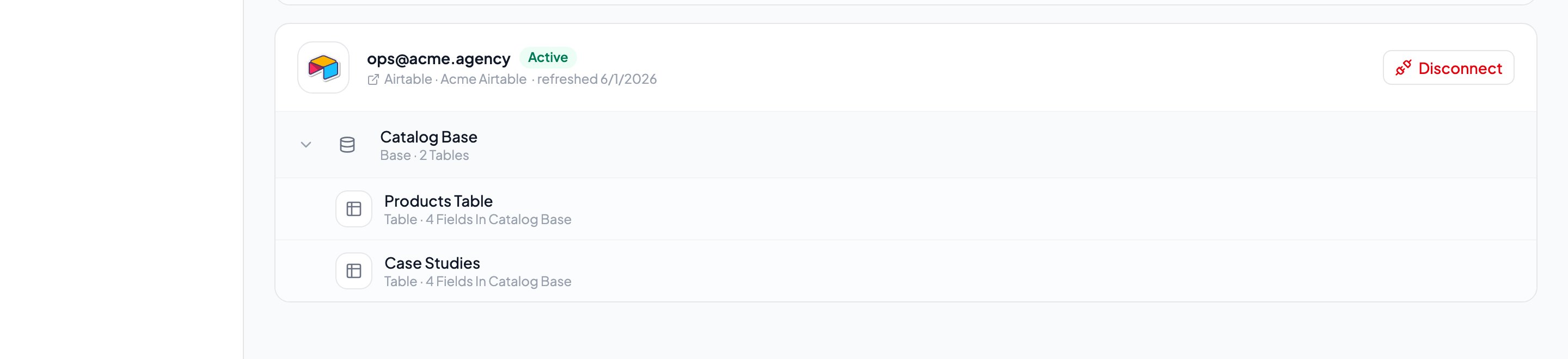 Data Sources page showing an Airtable account expanded into Catalog Base with its Products Table and Case Studies tables