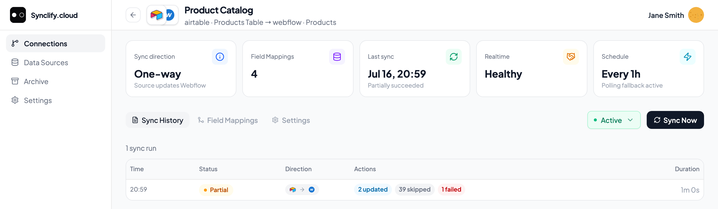 Connection detail header showing sync direction, field mapping count, last sync, Realtime health, schedule, and the Sync Now button