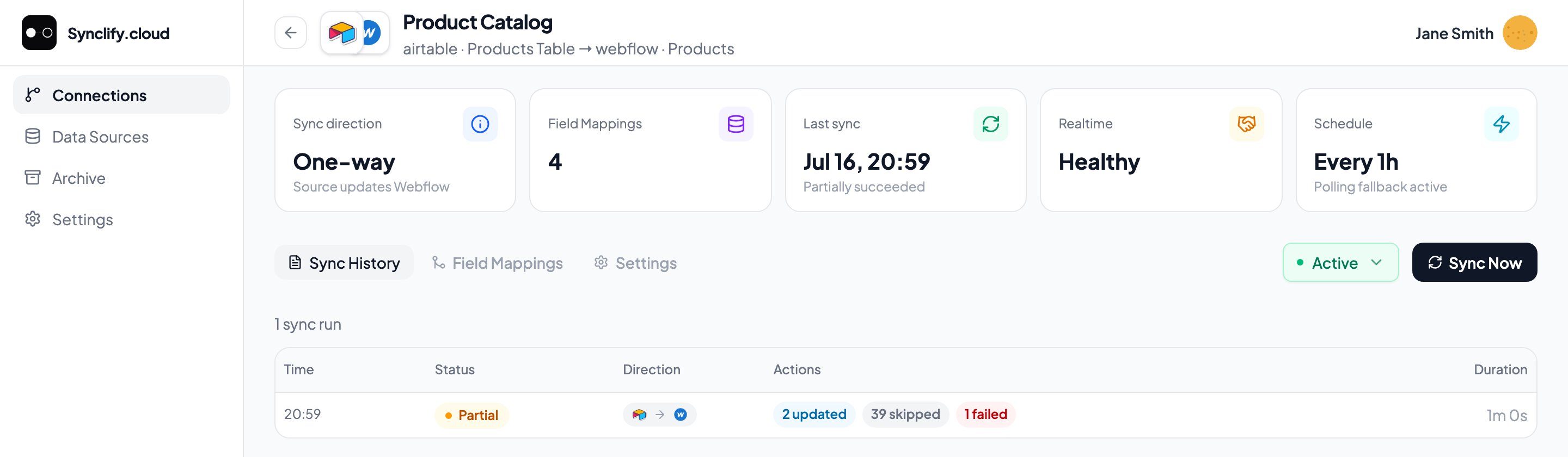 Connection detail header showing sync direction, field mapping count, last sync, Realtime health, schedule, and the Sync Now button
