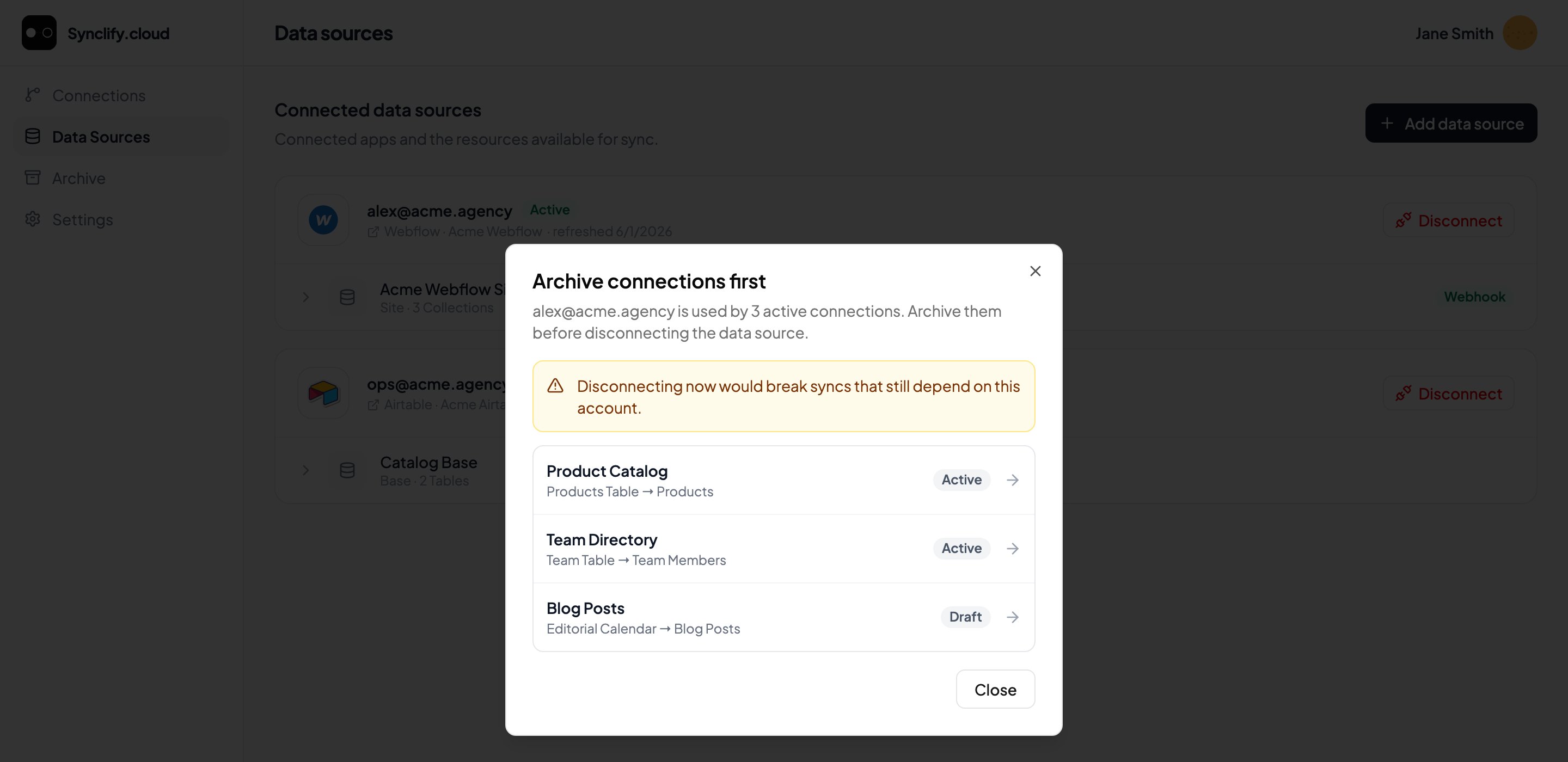 Dialog titled Archive connections first, warning that disconnecting would break syncs, listing three connections that depend on the account