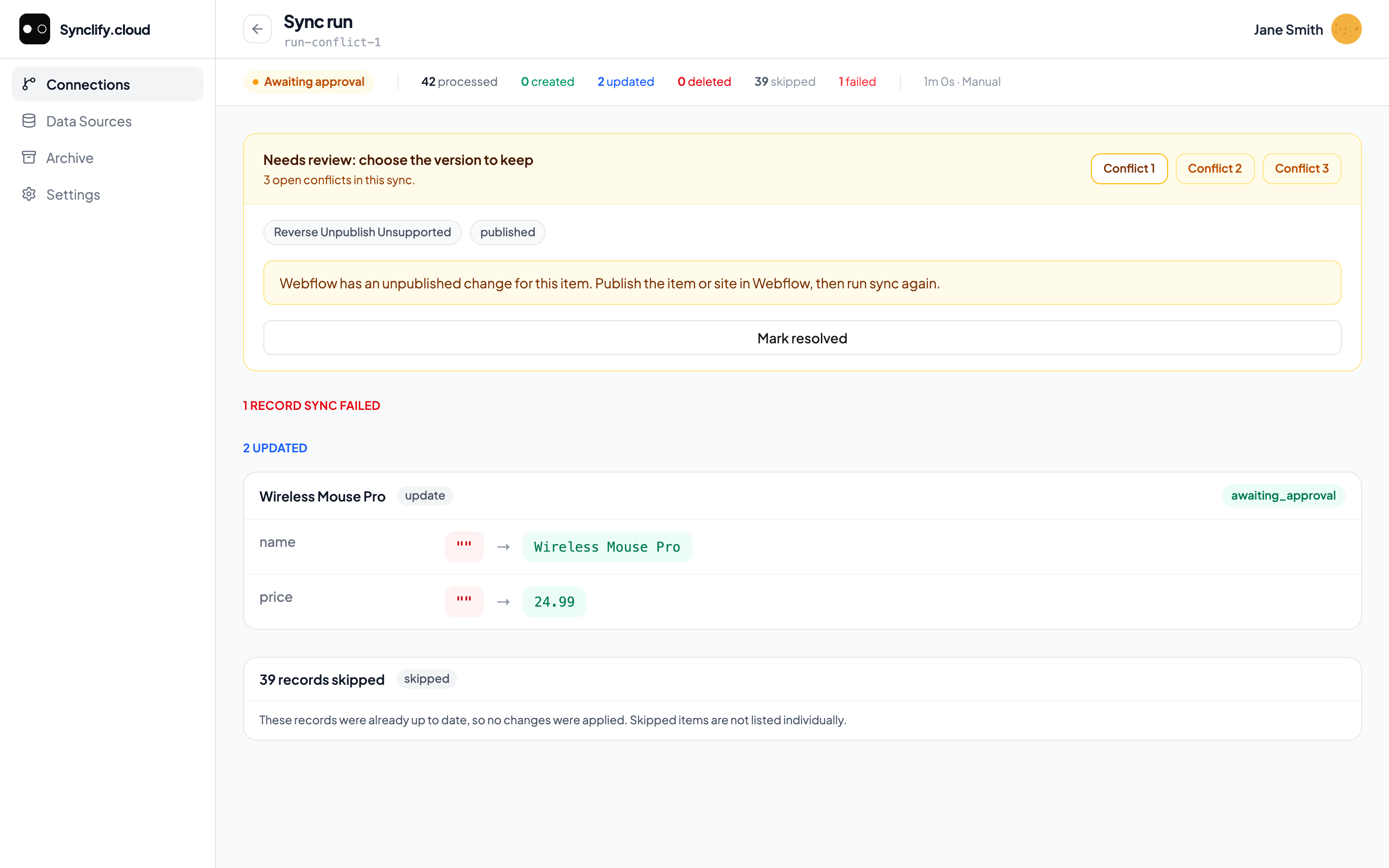 Sync run detail showing an Awaiting approval status, a Needs review panel listing three conflicts with a Mark resolved action, and per-field before and after values