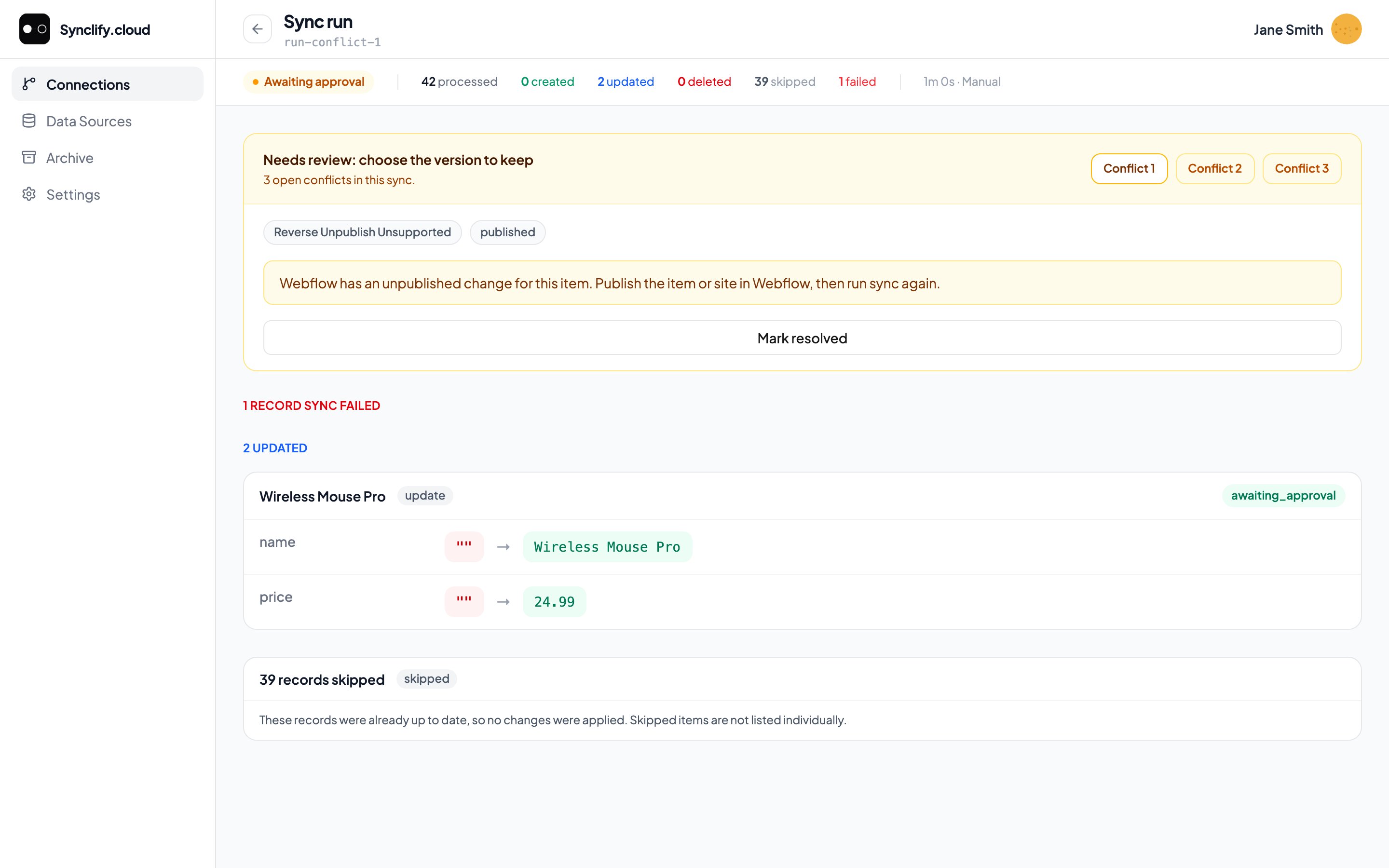 Sync run detail showing an Awaiting approval status, a Needs review panel listing three conflicts with a Mark resolved action, and per-field before and after values