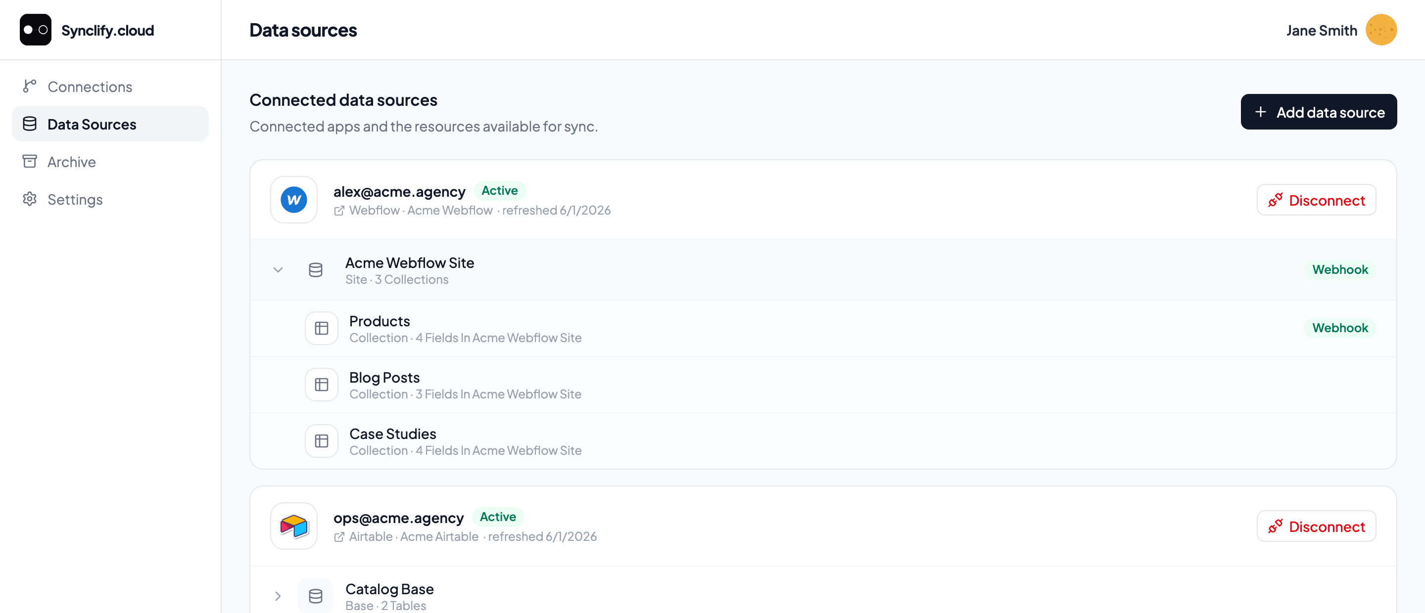 Data Sources page showing a Webflow account expanded into Acme Webflow Site and its Products, Blog Posts, and Case Studies collections, each with a field count