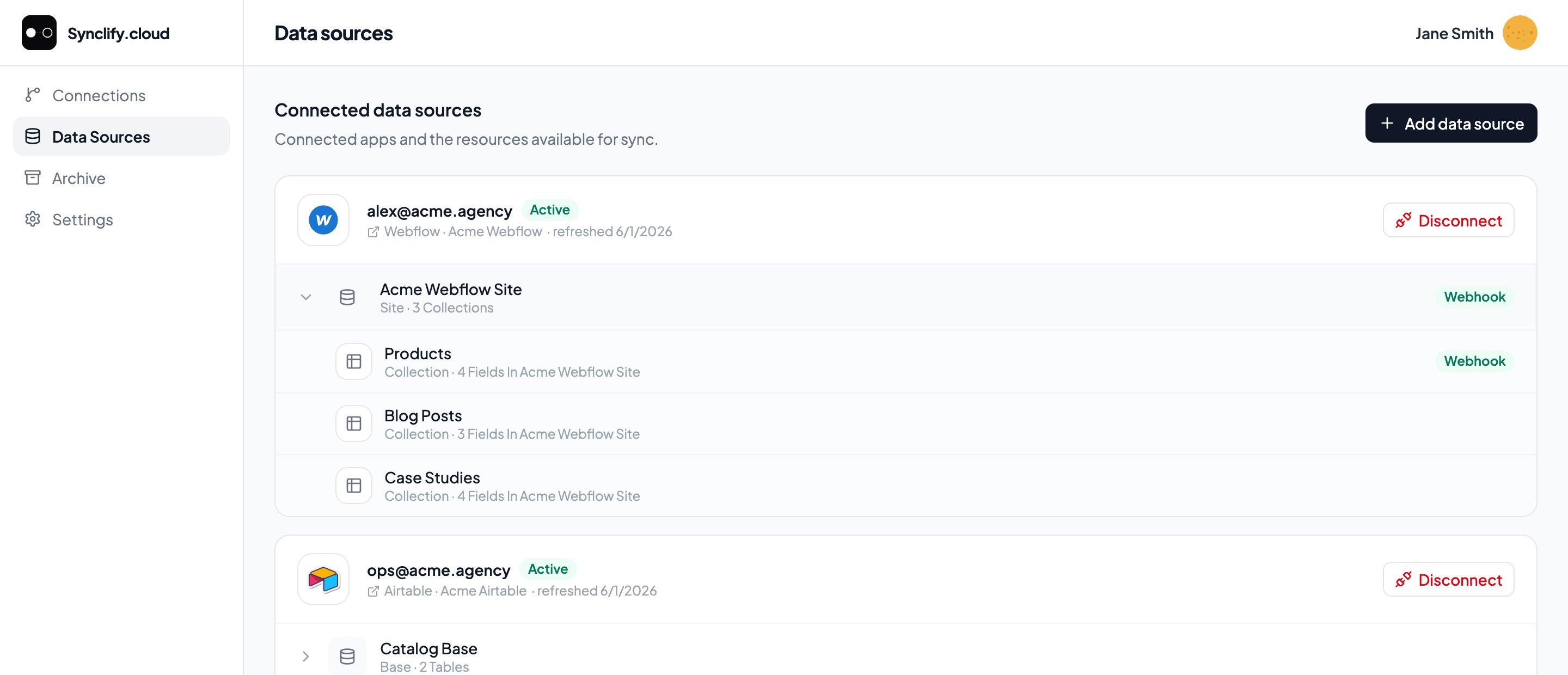 Data Sources page showing a Webflow account expanded into Acme Webflow Site and its Products, Blog Posts, and Case Studies collections, each with a field count