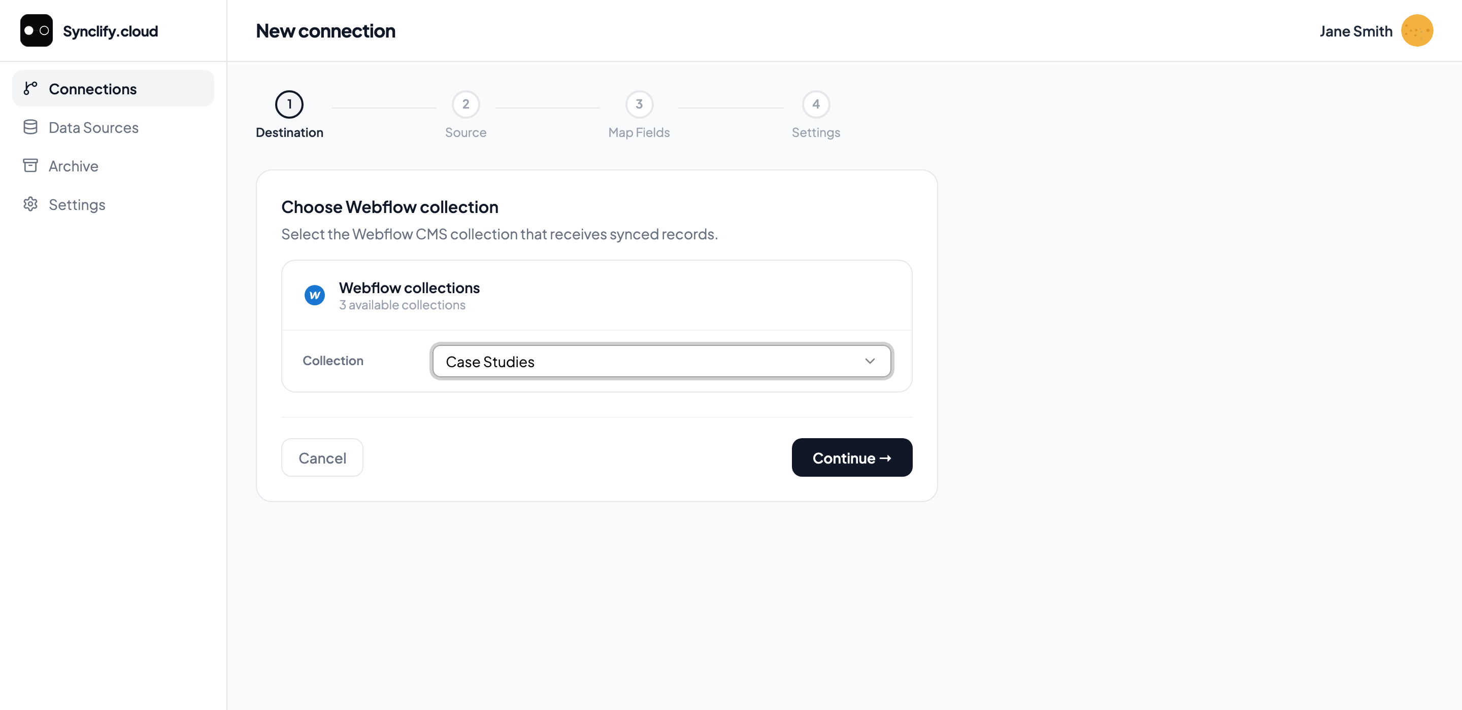 Wizard step 1: choosing a Webflow CMS collection from a dropdown of available collections