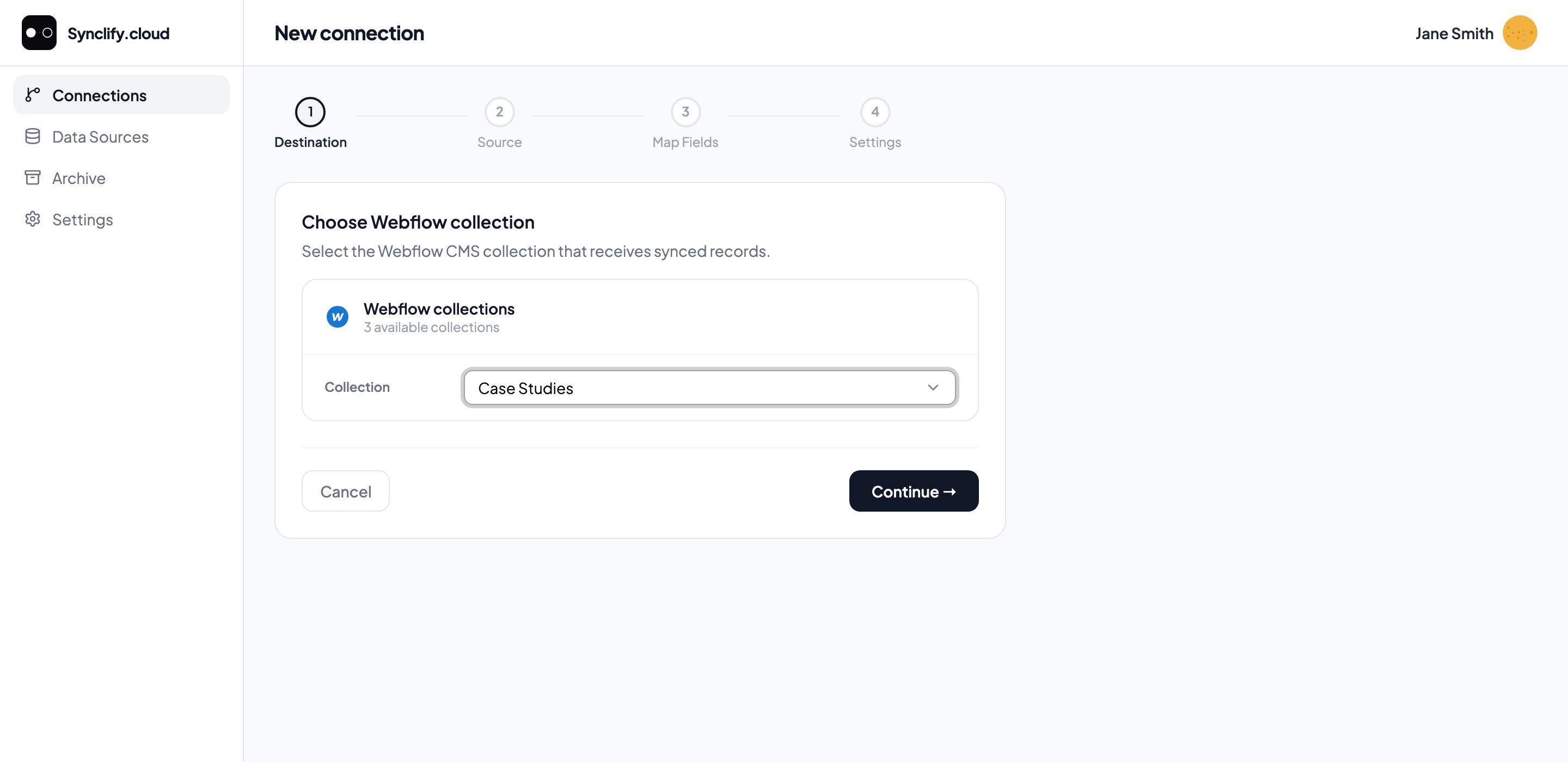 Wizard step 1: choosing a Webflow CMS collection from a dropdown of available collections