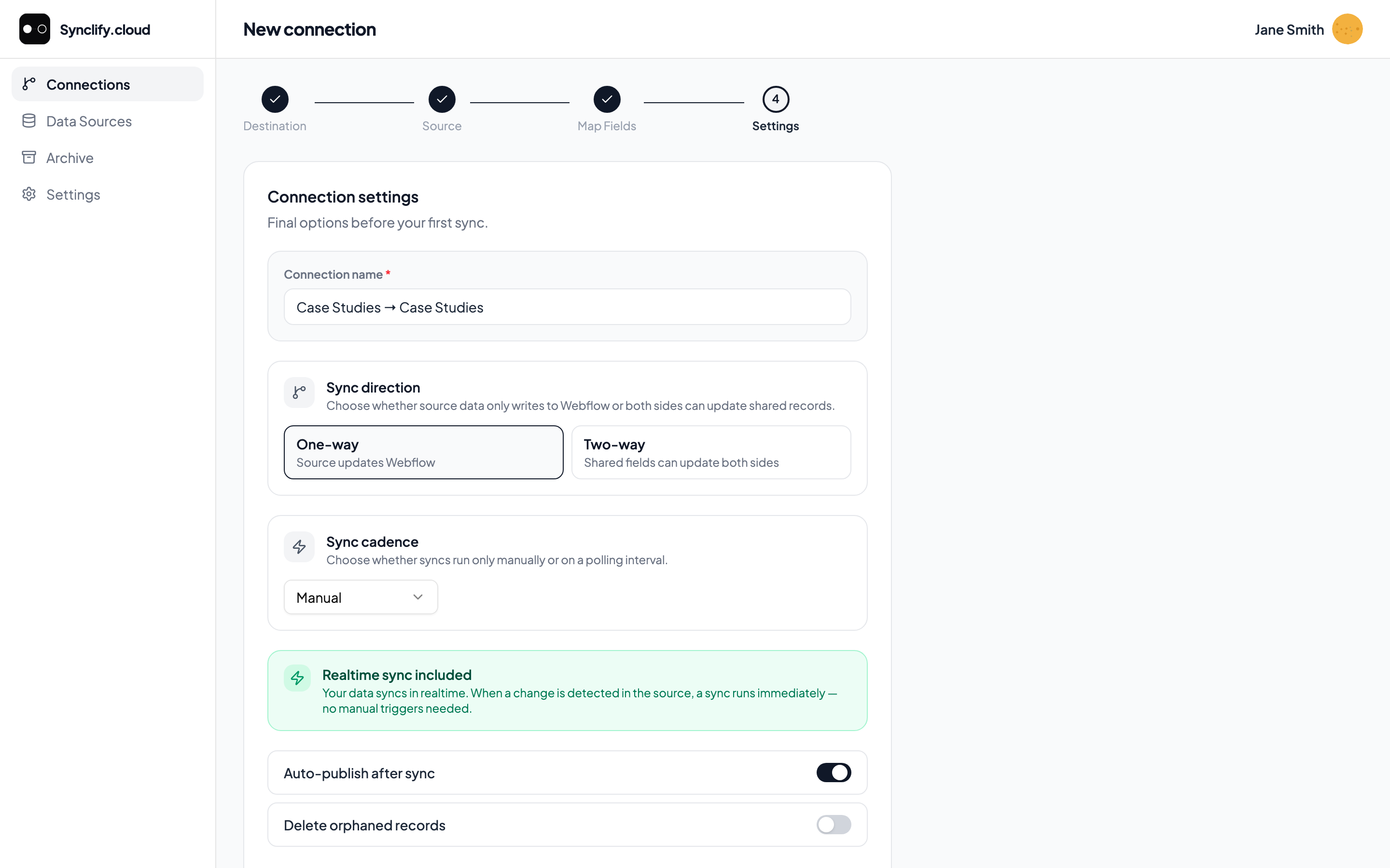 Wizard step 4: connection settings with sync direction, polling cadence, auto-publish on, and delete orphaned records off