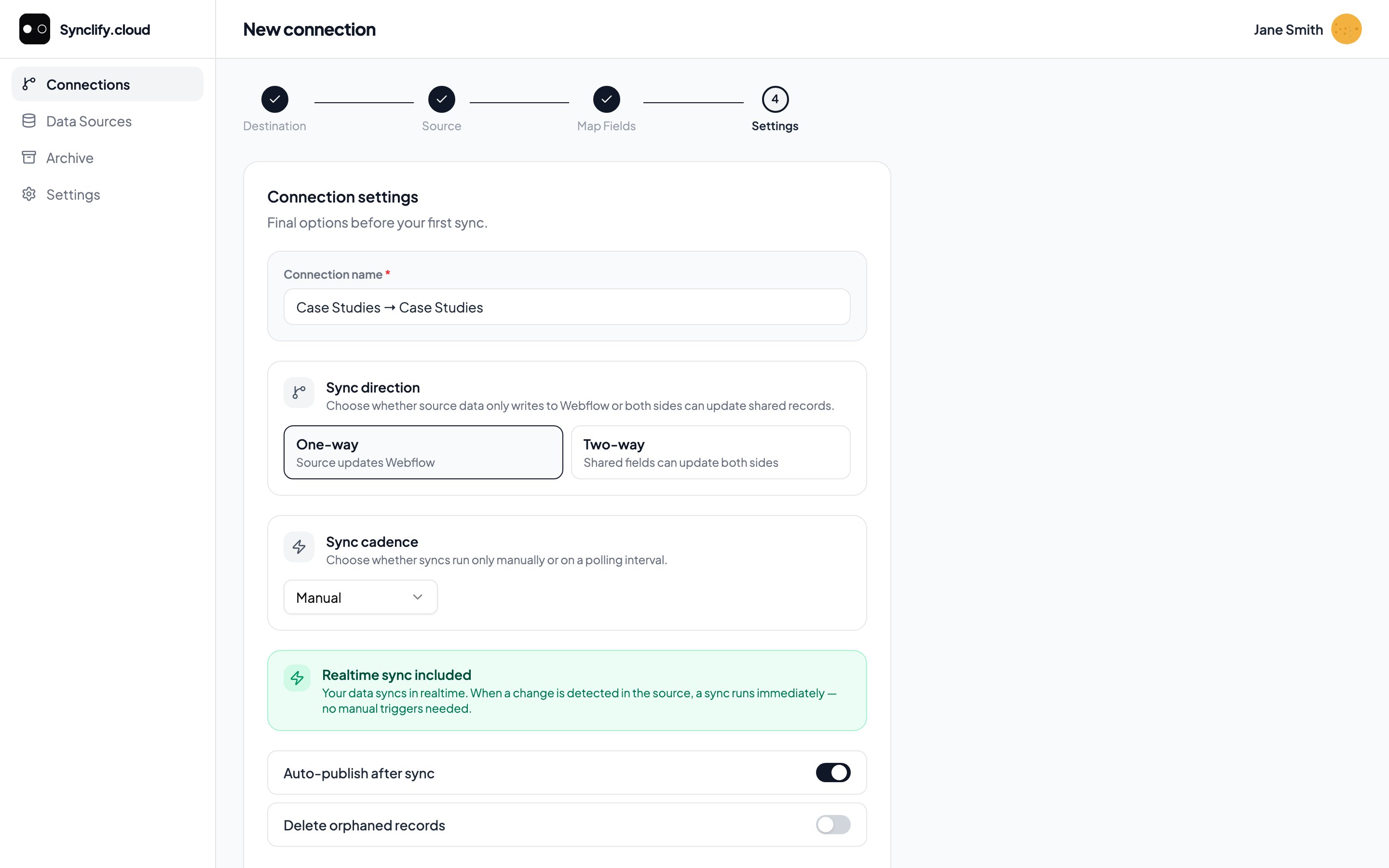 Wizard step 4: connection settings with sync direction, polling cadence, auto-publish on, and delete orphaned records off