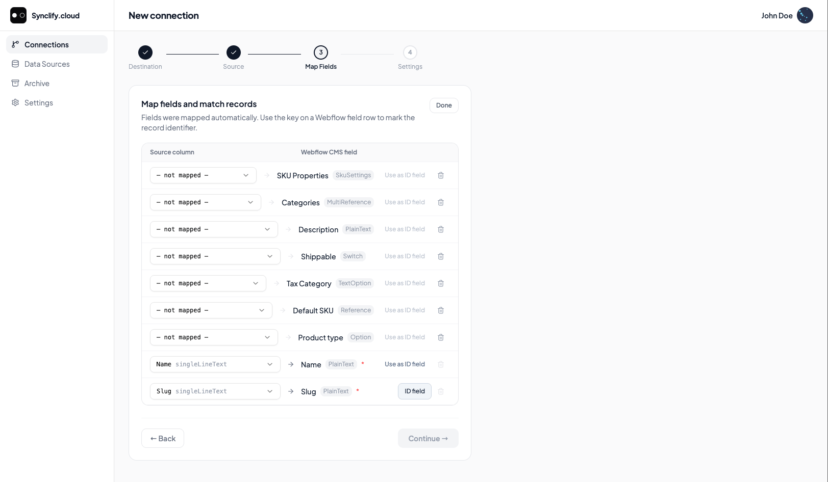 Wizard step 3: Airtable source columns mapped to Webflow CMS fields, with the Slug row marked as the ID field