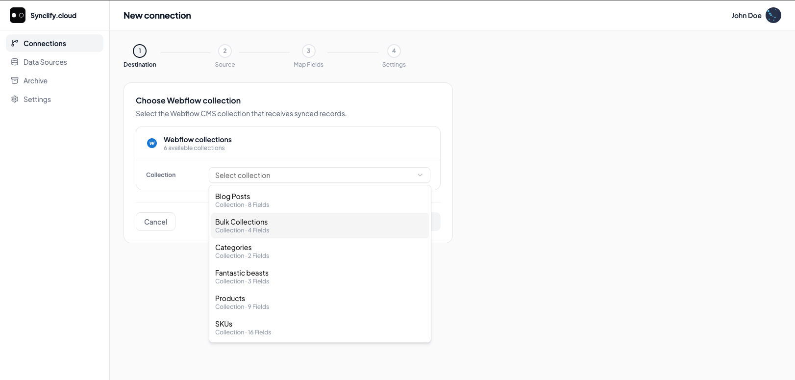 Wizard step 1: choosing a Webflow CMS collection from a dropdown of available collections