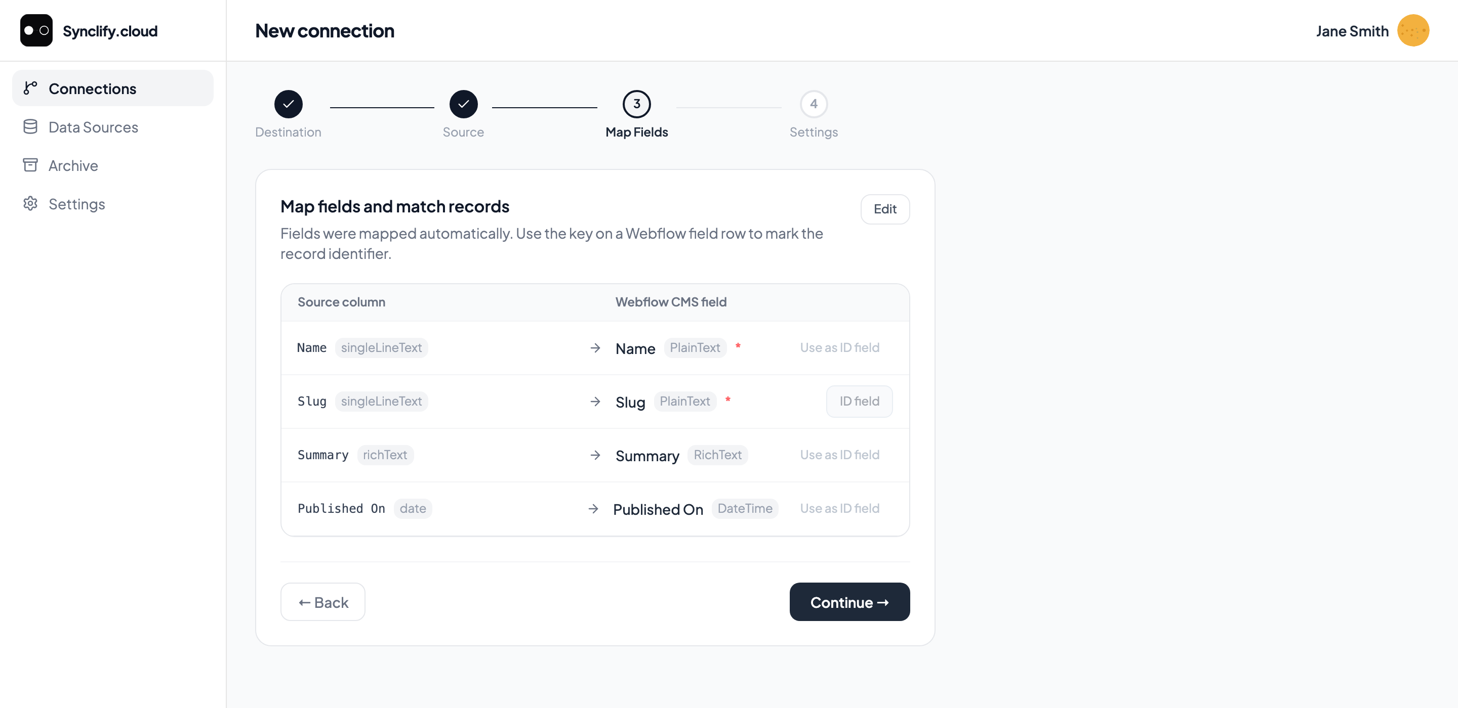 Wizard step 3: Airtable source columns mapped to Webflow CMS fields, with the Slug row marked as the ID field