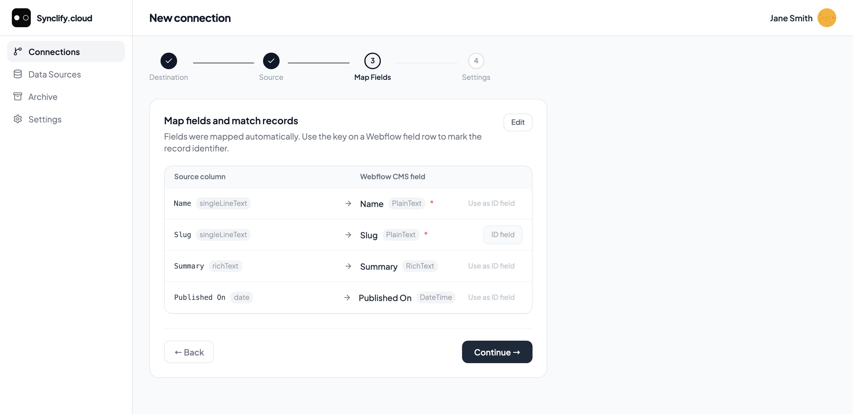 Wizard step 3: Airtable source columns mapped to Webflow CMS fields, with the Slug row marked as the ID field