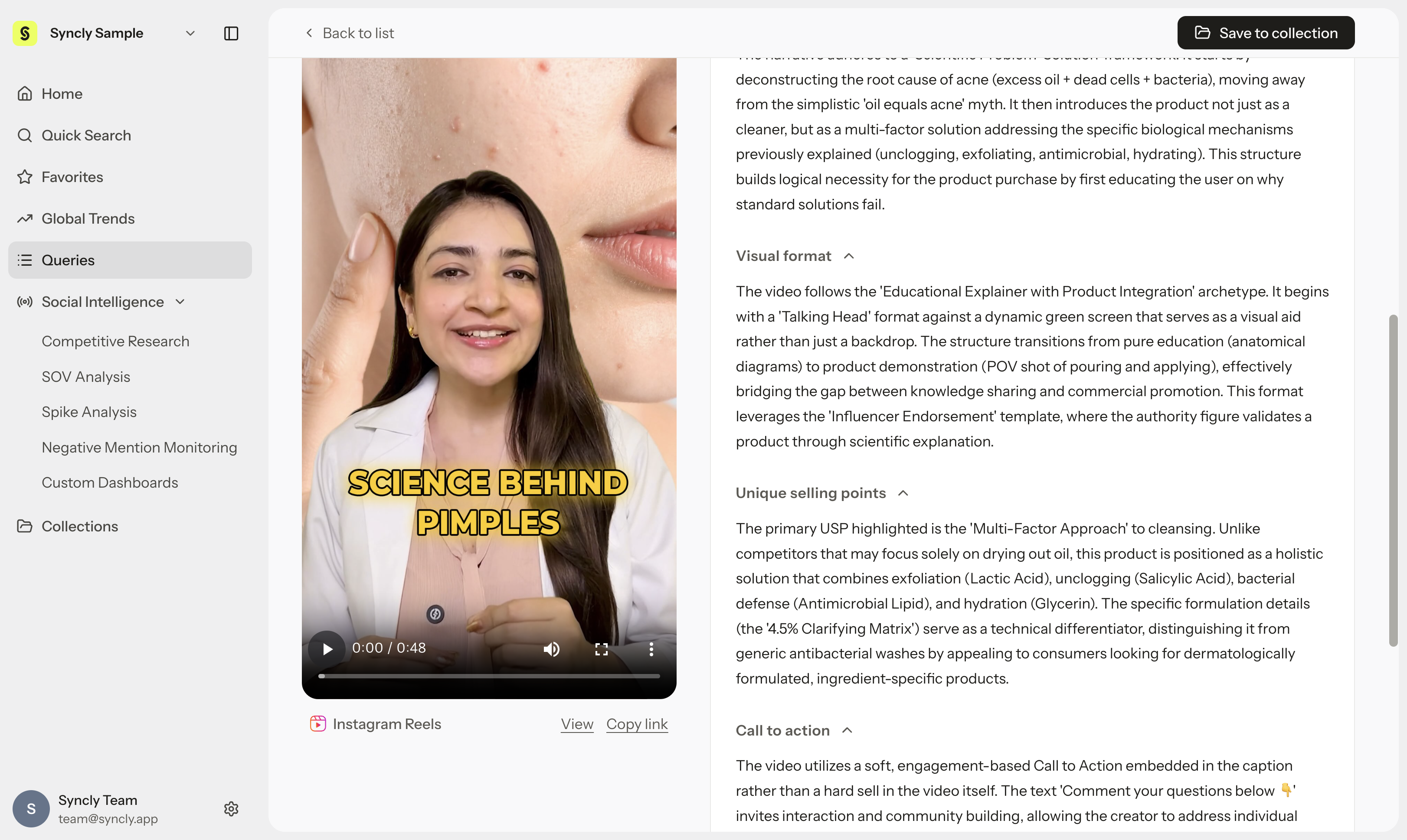 Content strategy의 세부 항목(Narrative structure, Visual format, Unique selling points, Call to action 등)을 펼친 화면