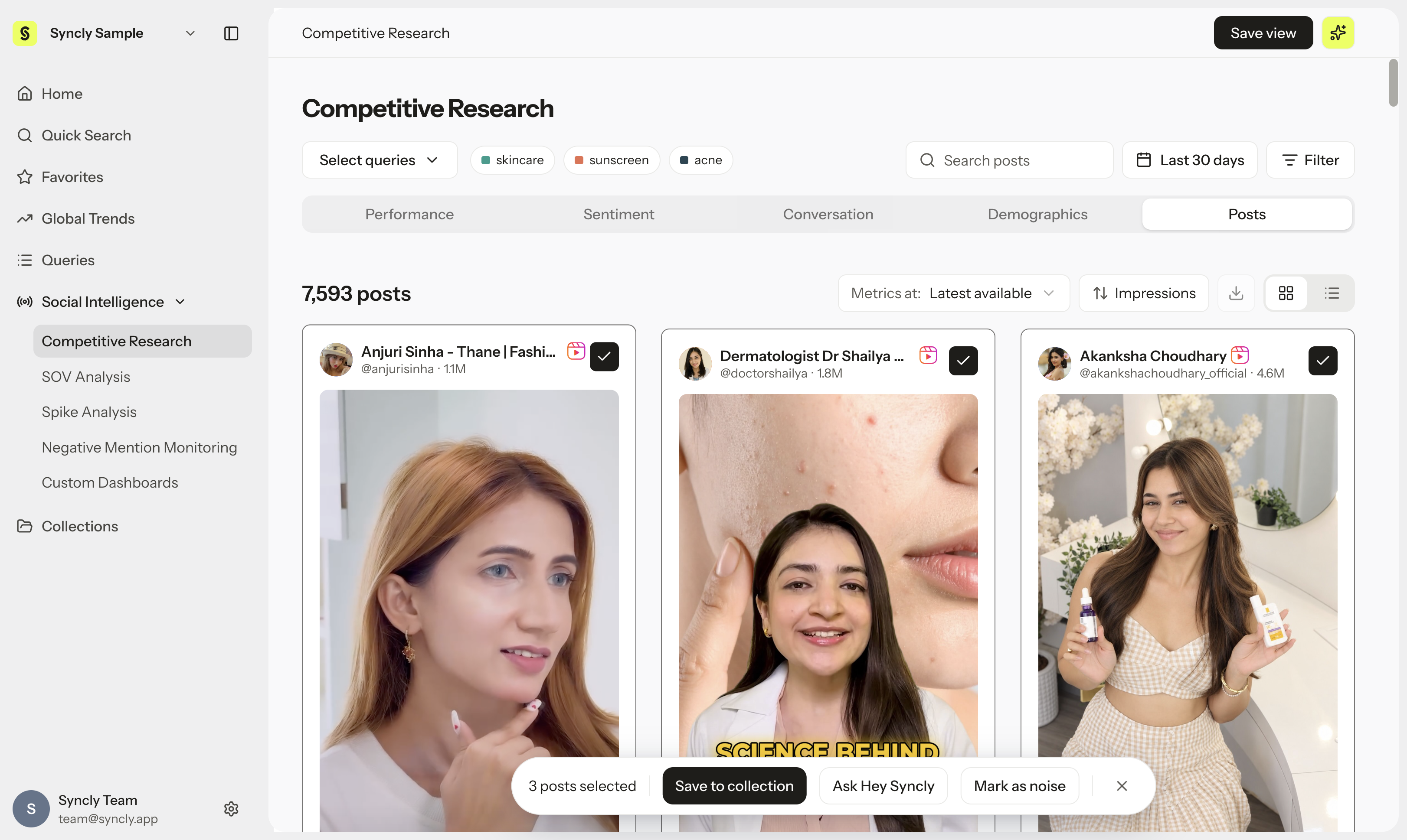 Selecting multiple posts to Save to collection or Ask Hey Syncly via the floating action bar