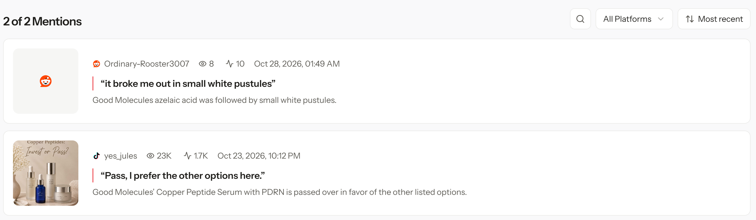 Negative mention cards with original quotes and AI summaries