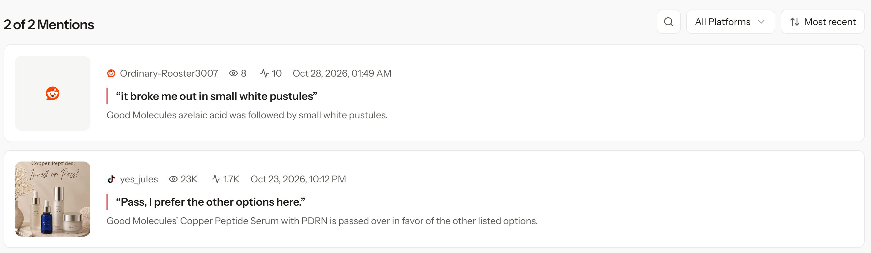 Screenshot 2026 10 30 142942 Negative mention cards with original quotes and AI summaries