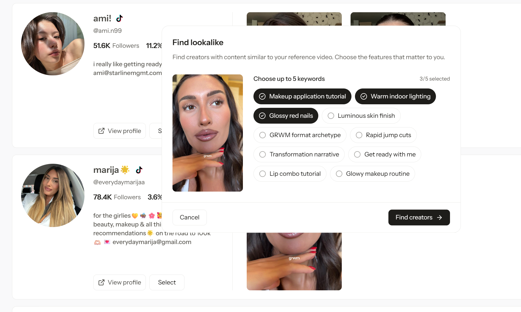 Find lookalike pop-up with suggested features to choose from