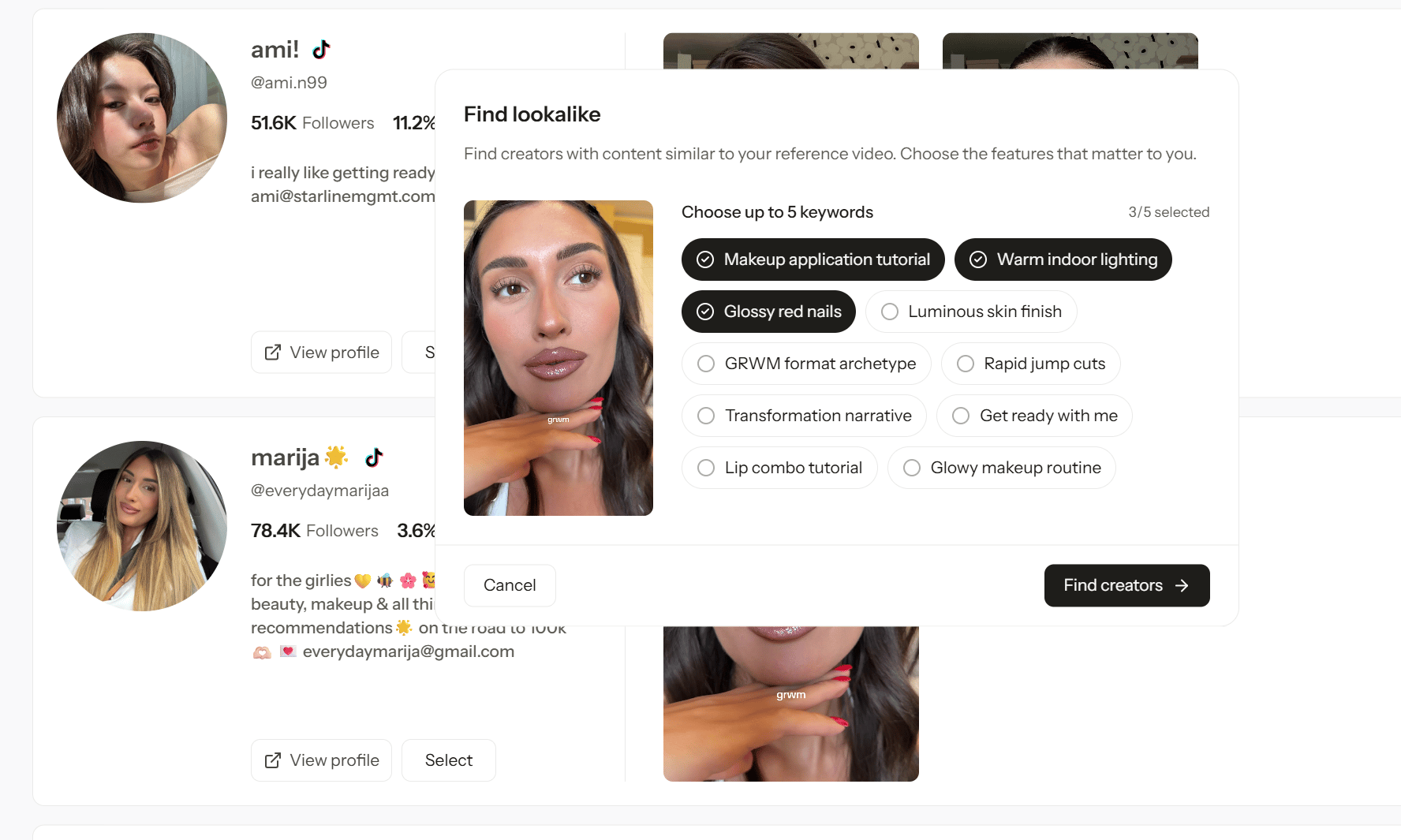 Screenshot 2026 10 29 175647 Find lookalike pop-up with suggested features to choose from