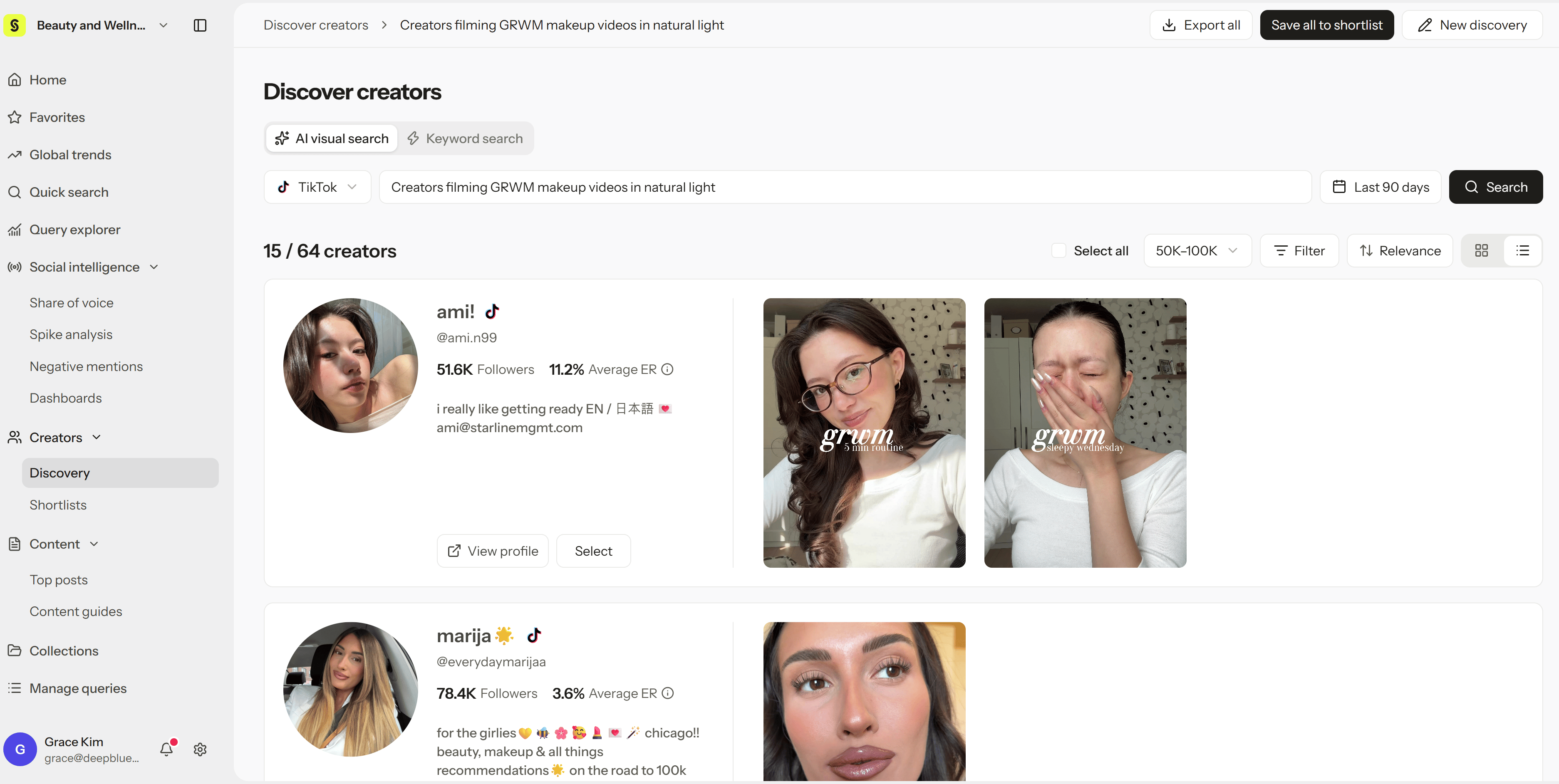 Screenshot 2026 10 29 180132 Discover creators results with followers, engagement rate, and matching videos