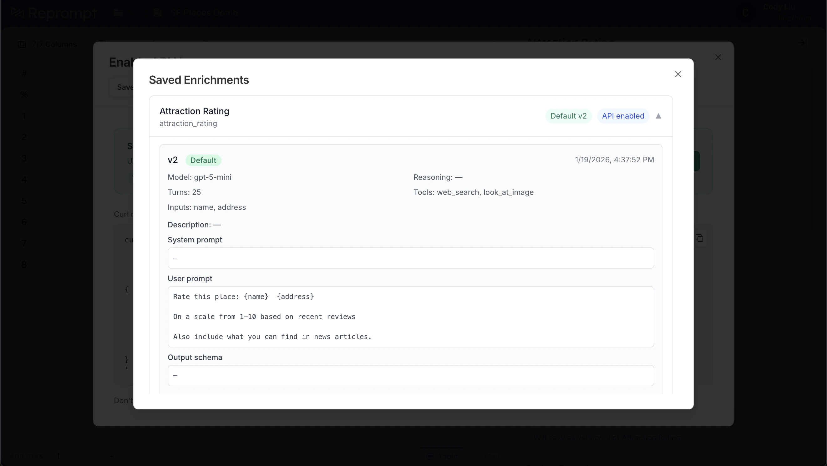 Saved enrichments showing default version and API enabled status