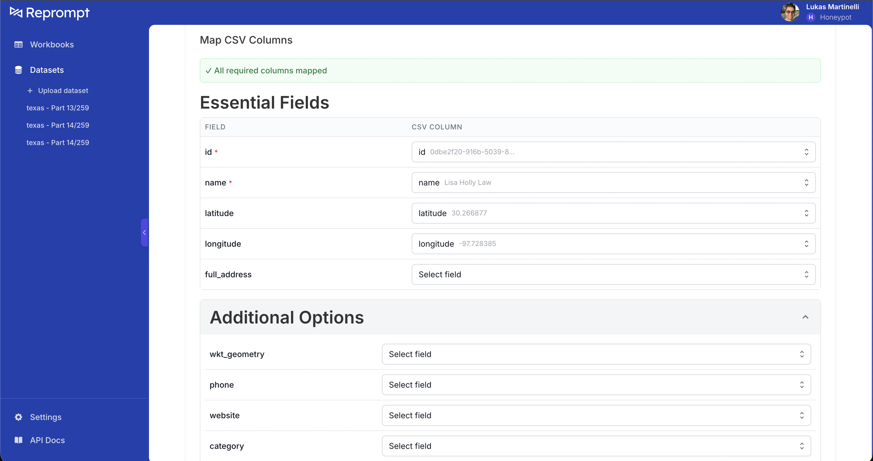 Essential Fields and Additional Options column mapping