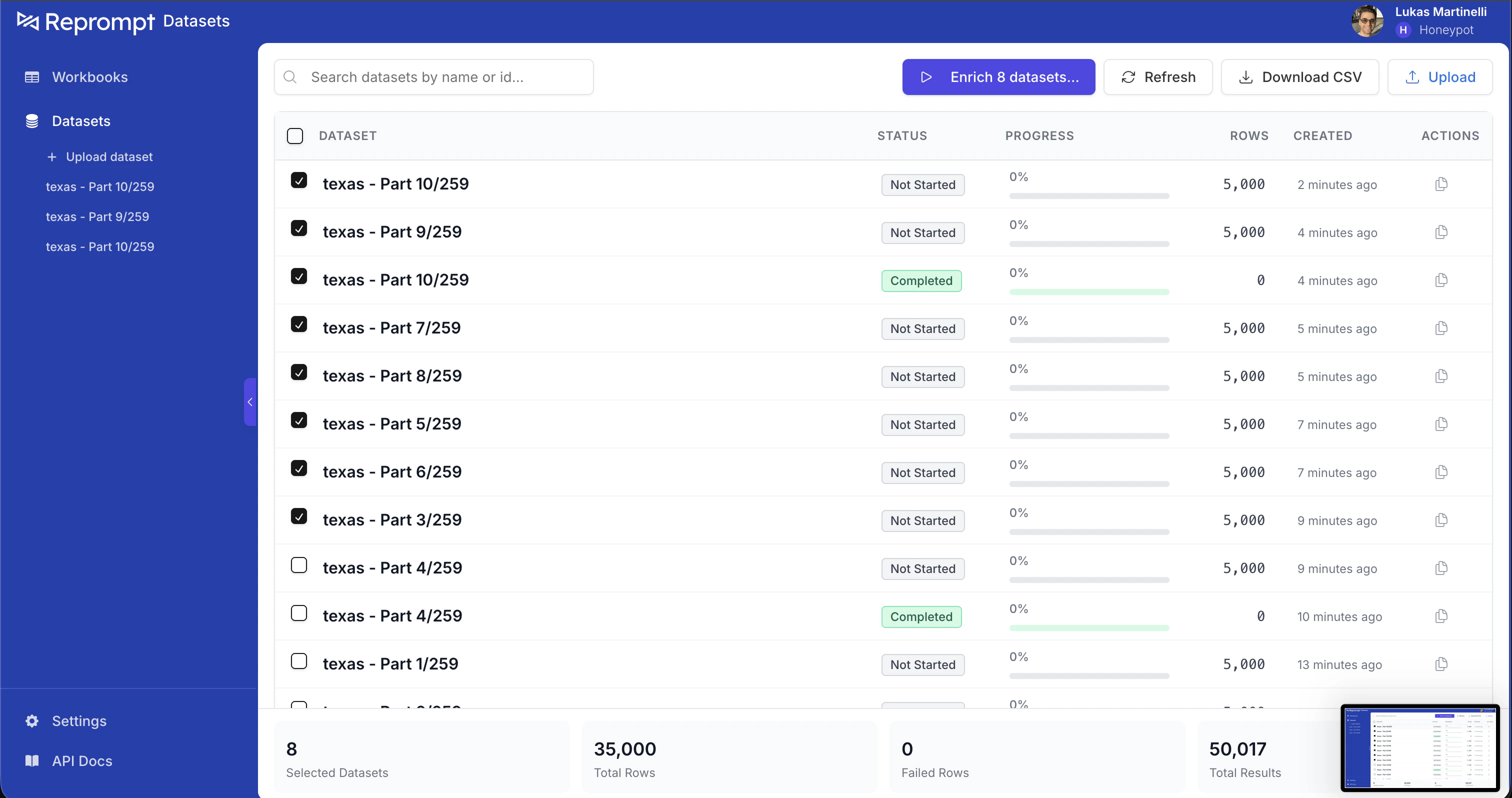 Batches list with batches selected showing Enrich button