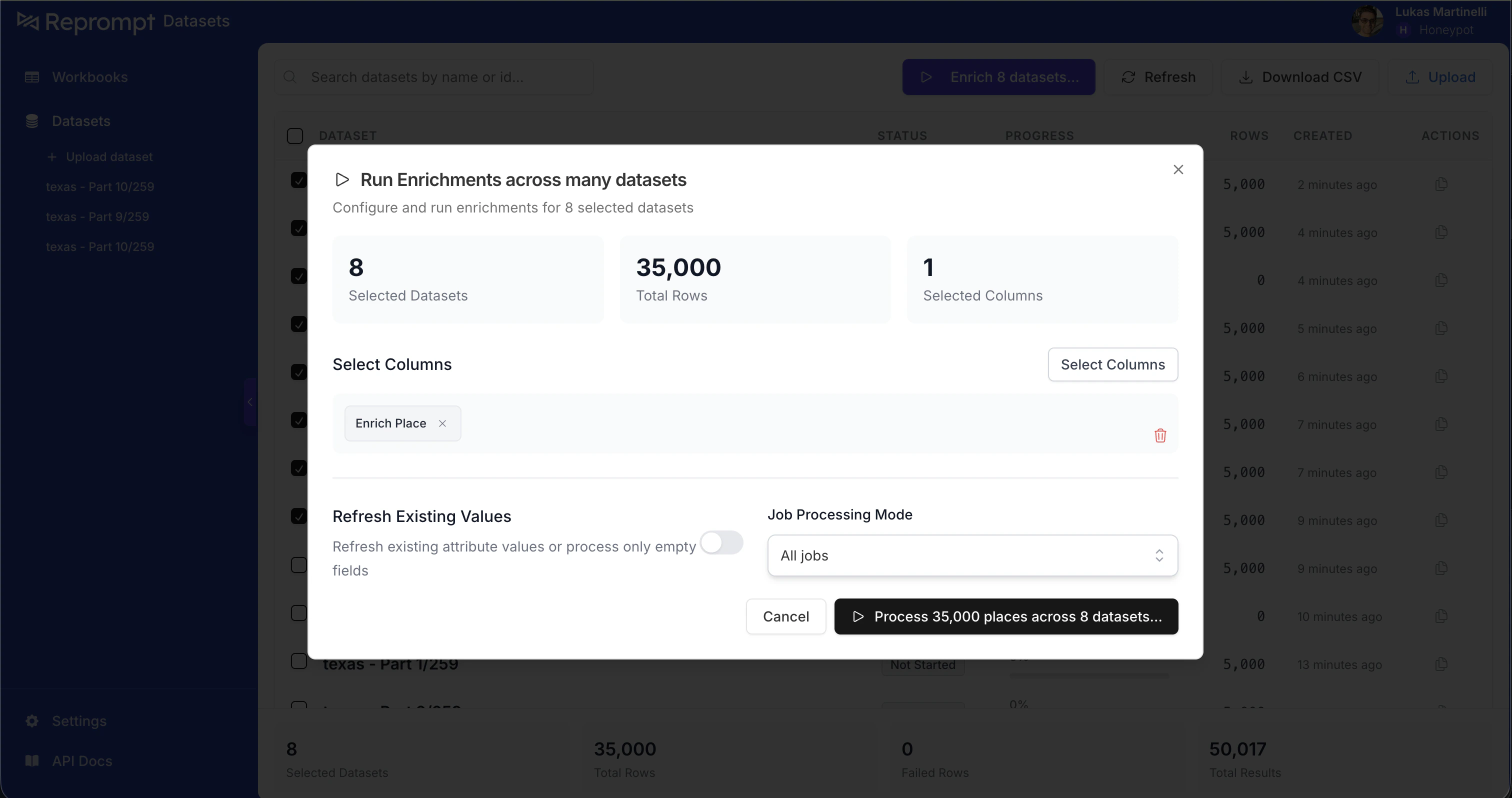 Run Enrichments dialog with Enrich Place selected