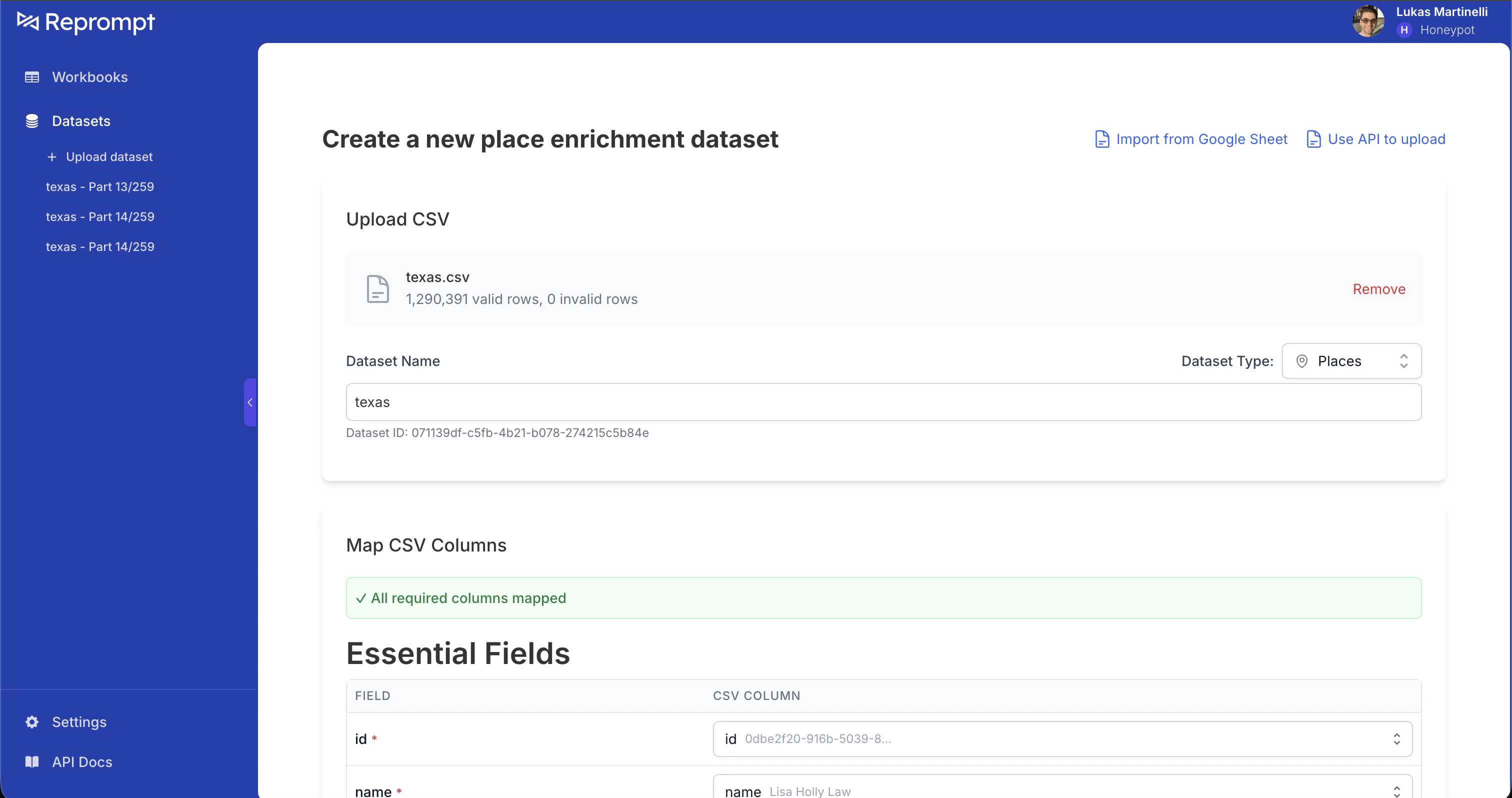 Upload CSV page showing texas.csv with 1,290,391 rows and Essential Fields mapping