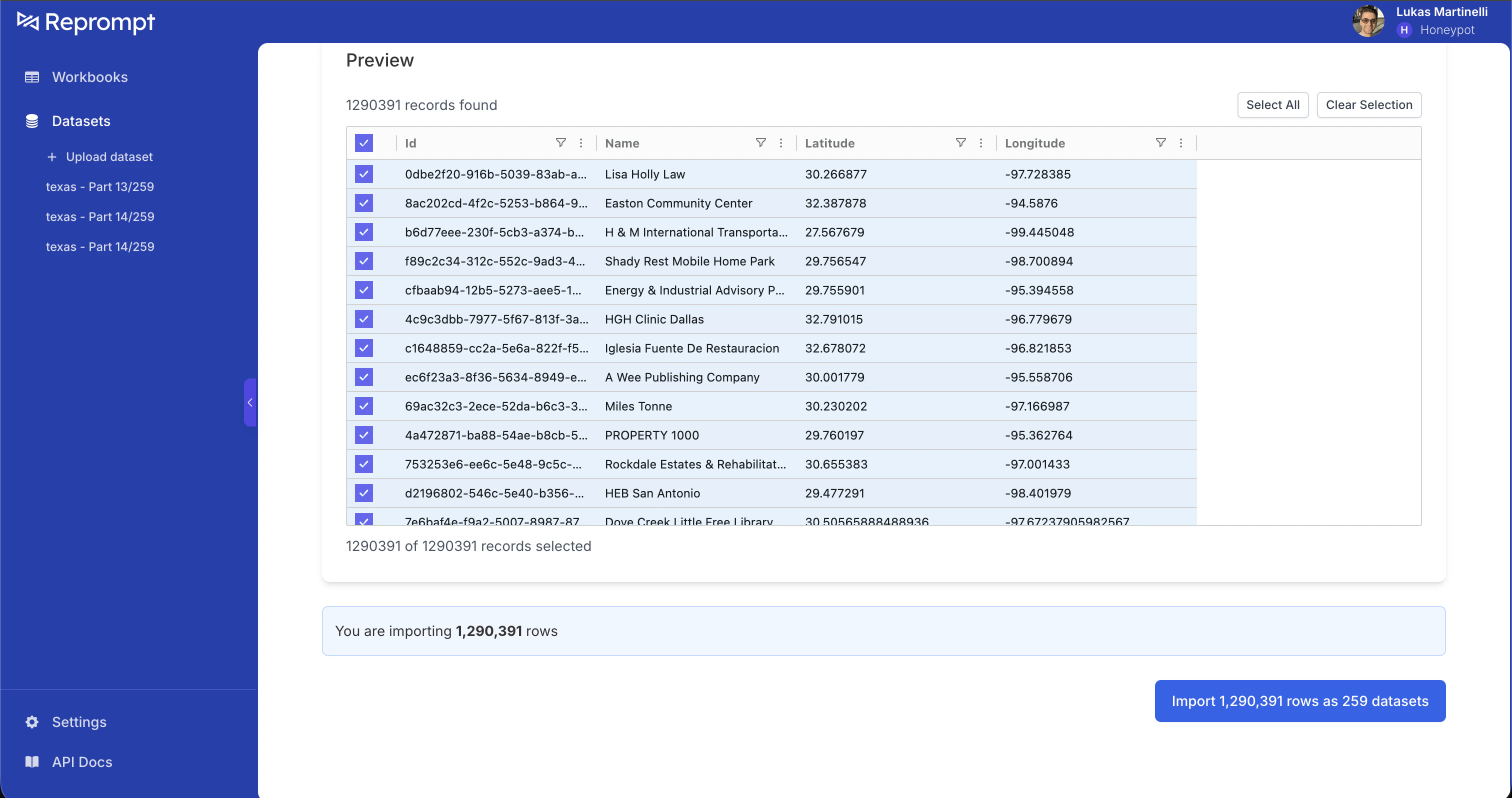 Preview showing records selected, ready to import as batches