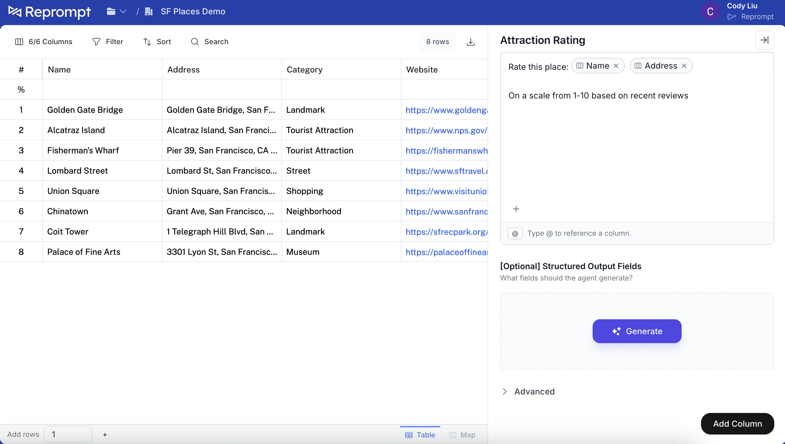 Enter the prompt and click Add column
