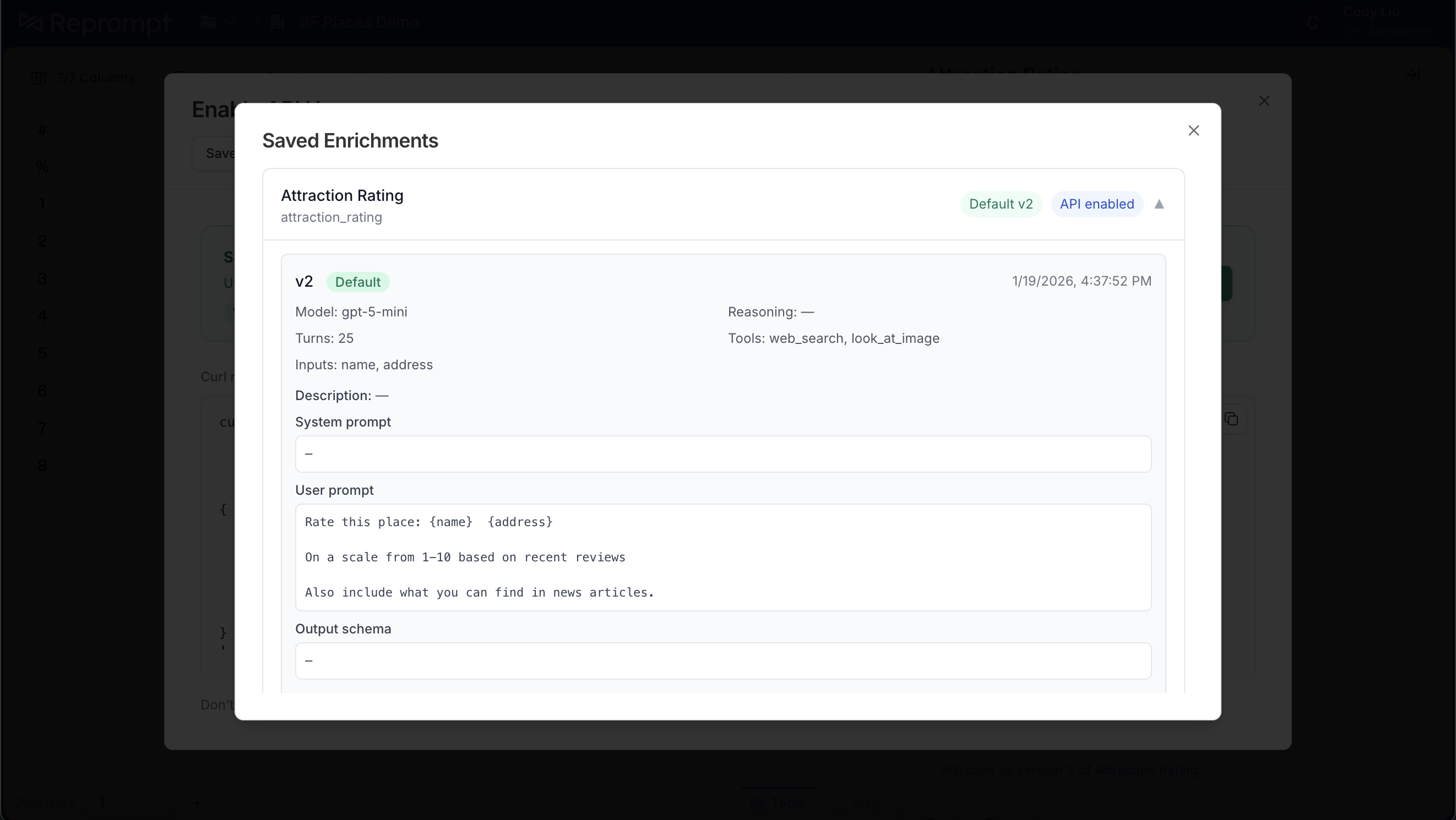 Saved enrichments showing default version and API enabled status